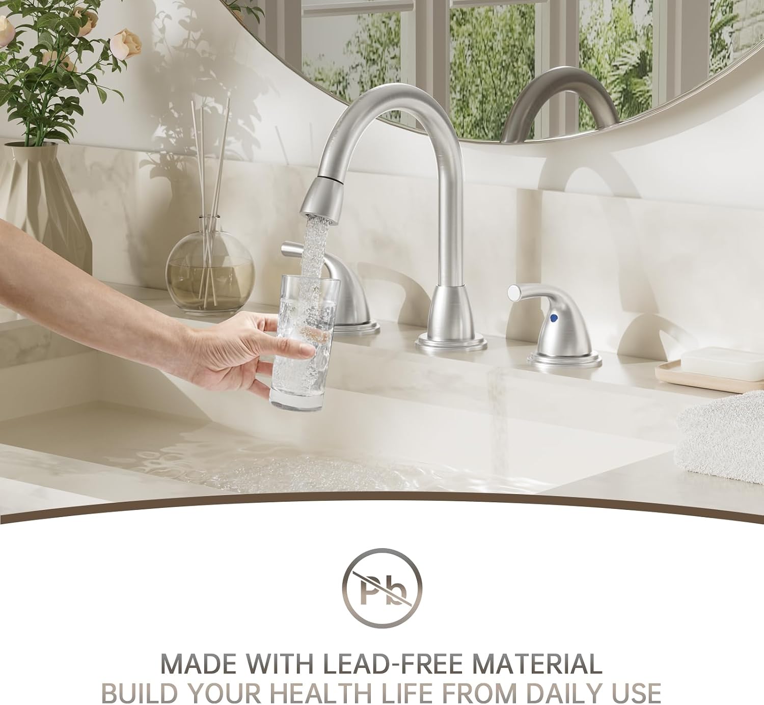 Phiestina 3 Hole Brushed Nickel Pull Down Sprayer 8 Inch Bathroom Sink Faucet, 2 Handles Widespread Pull Out Bathroom Faucet, with Pop Up Drain and Water Supply Line,BF04008-B11-GBN