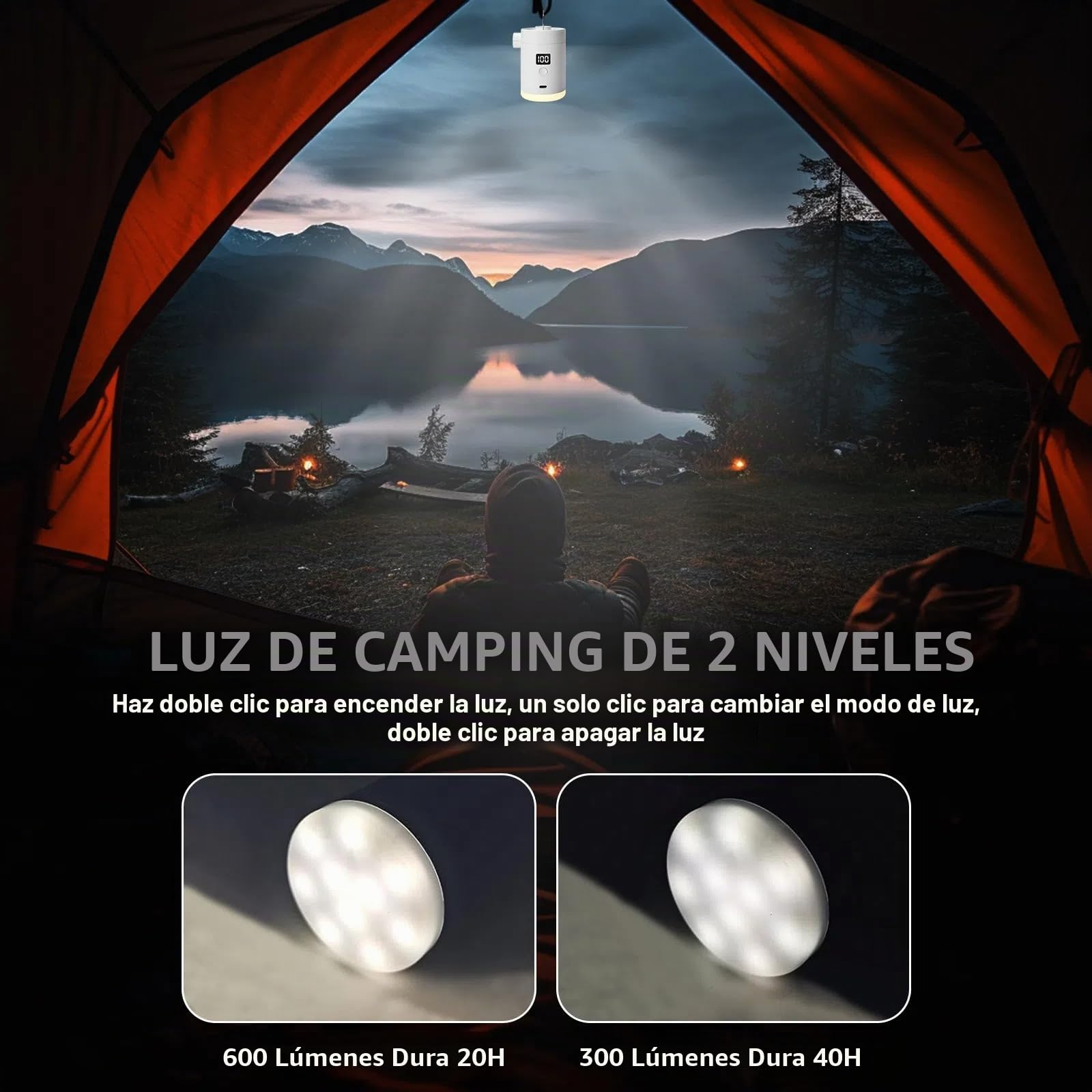 Bomba De Aire Eléctrica Portátil: Batería Recargable De 4000mAh Tipo-C, Bomba De Aire Eléctrica Mini con 5 Boquillas Y Lámpara De Camping para Flotadores De Piscina, Boyas Salvavidas (Blanco)