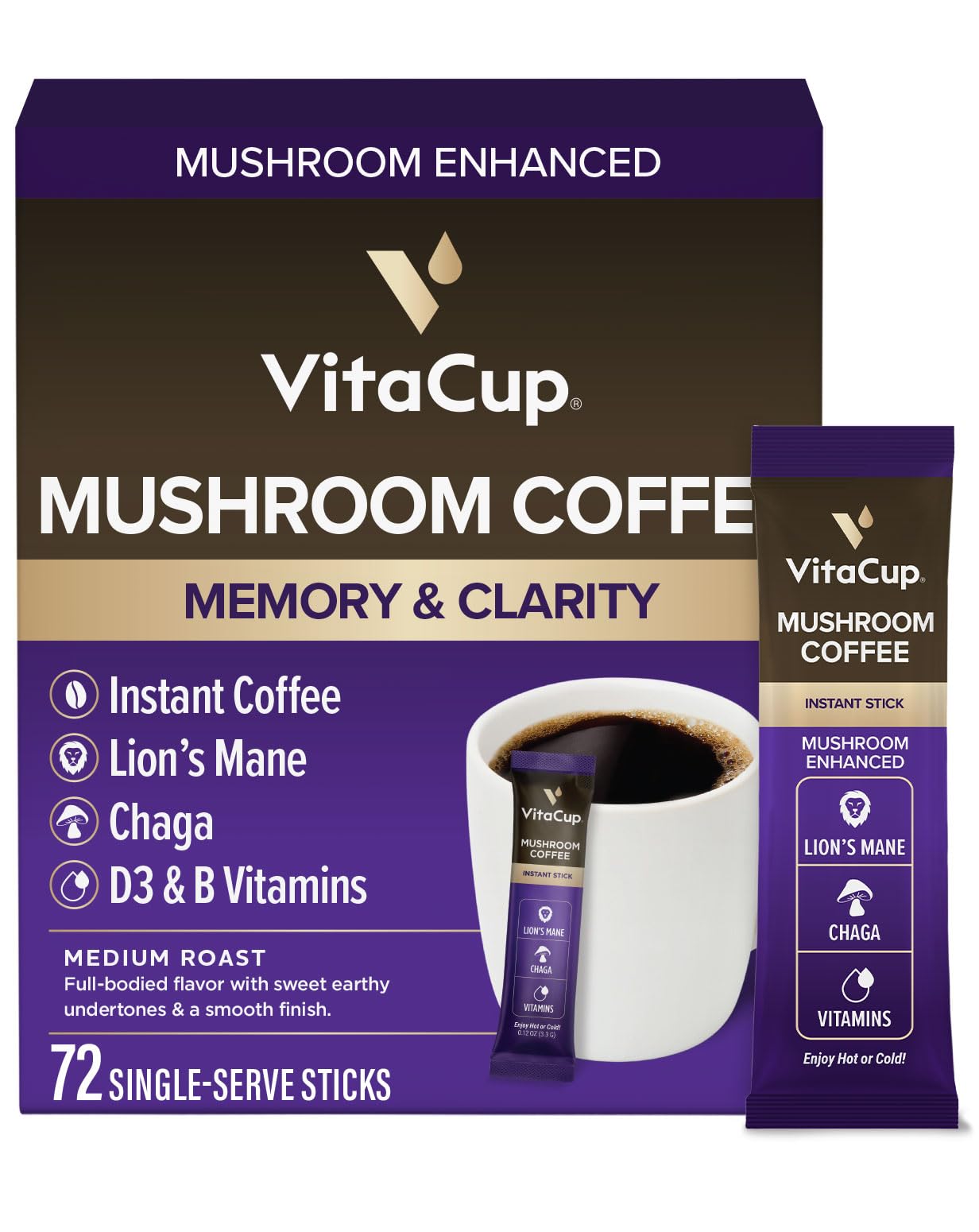 VitaCup Mushroom Coffee Instant Packets, for Memory & Clarity Support, w/Fiber, Chaga, Lion’s Mane, D3, B Vitamins, Medium Roast, 100% Arabica & Robusta Coffee in Single Serve Sticks, 72 Ct