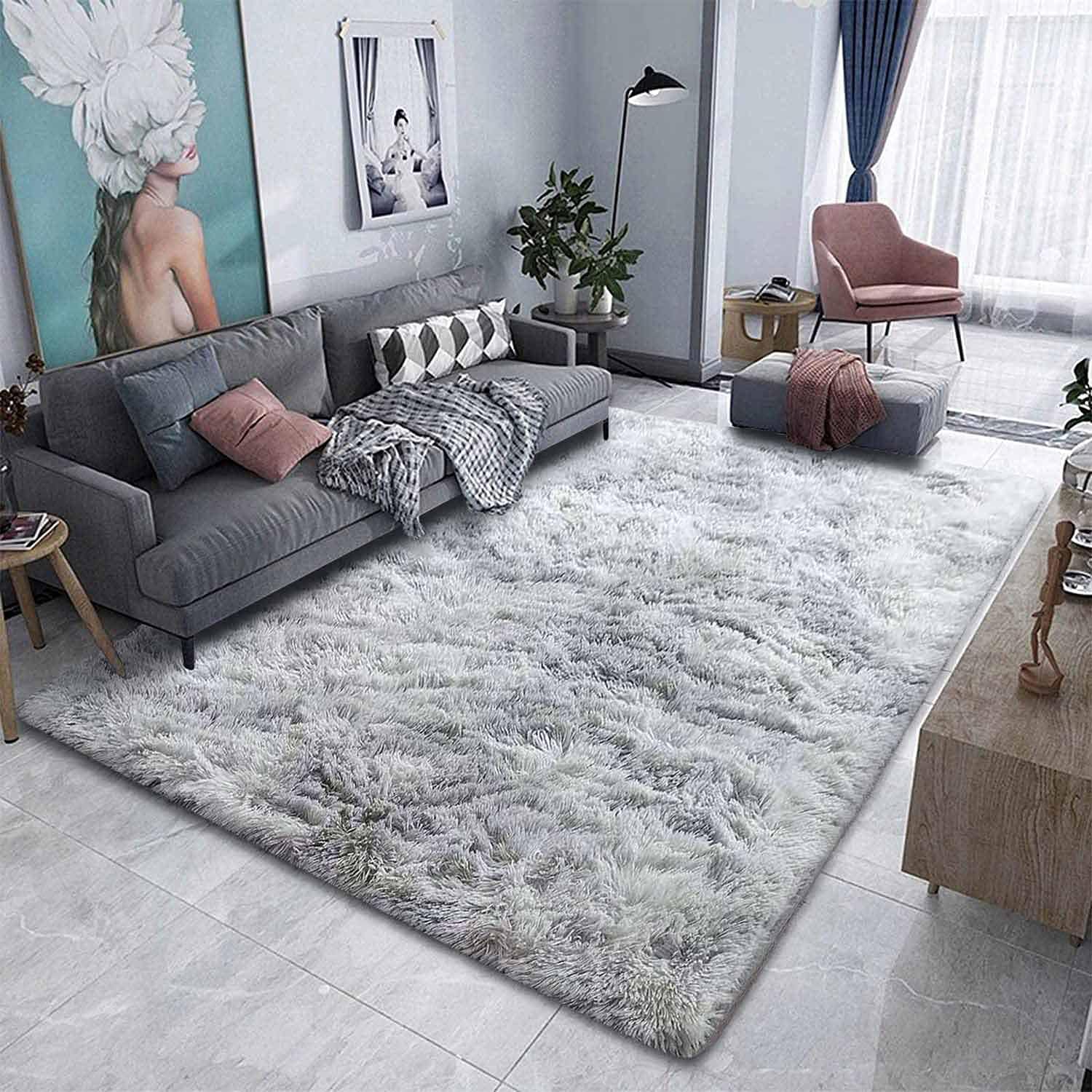 Alfombra suave para interior, antideslizante, mullida, grande, para pasillo, dormitorio (gris/blanco, 200 x 200 cm)