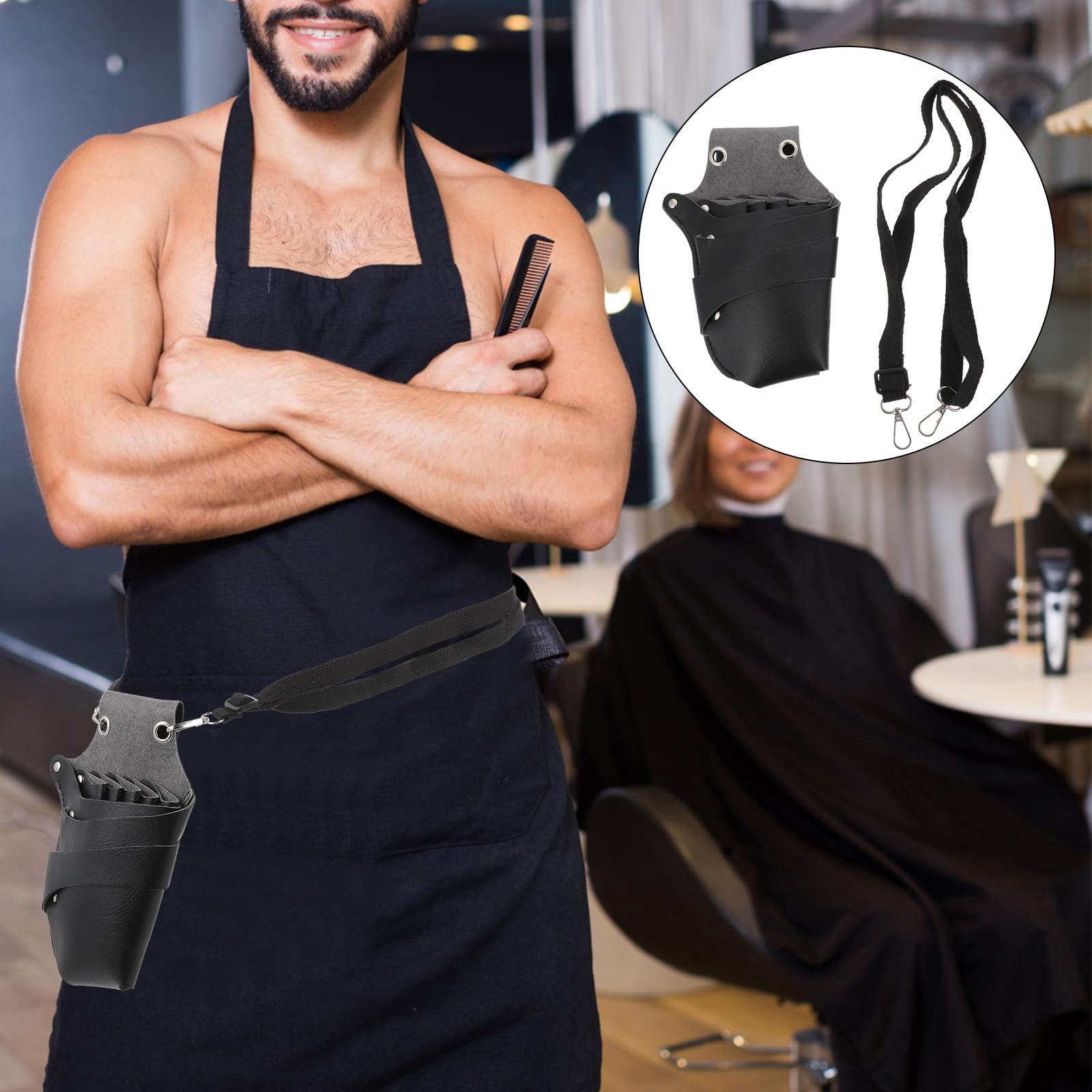 Marsupio Porta Forbici Parrucchiere Professionale in Pelle Pu Nero, Leggero e Portatile, per Saloni di Bellezza