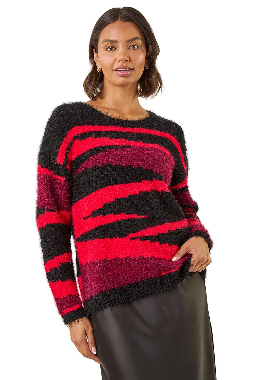 Roman Originals Women's Noir Red Roman Fluffy Yarn Jumper For Uk Thick Sweater Warm Cosy Chunky Knitted Pullover Winter Furry Casual Smart Textured Everyday Cuddly Soft Knitwear - Size 20