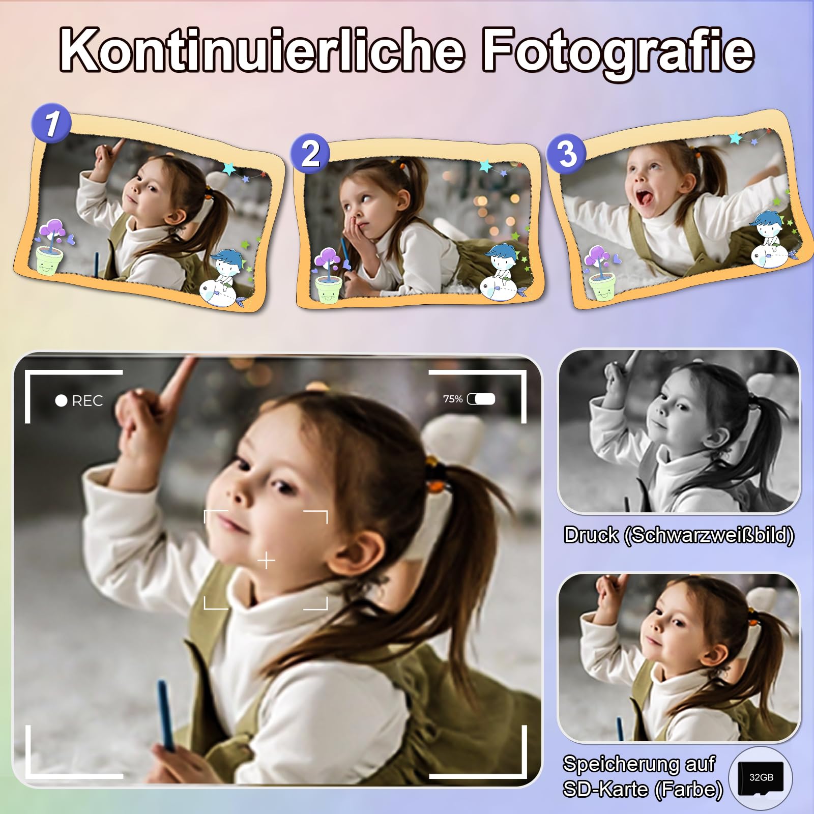 GKTZ Sofortbildkamera Kinder 1080P HD Sofortdruck Geschenk für Mädchen 5-10 Jahre (Lila)