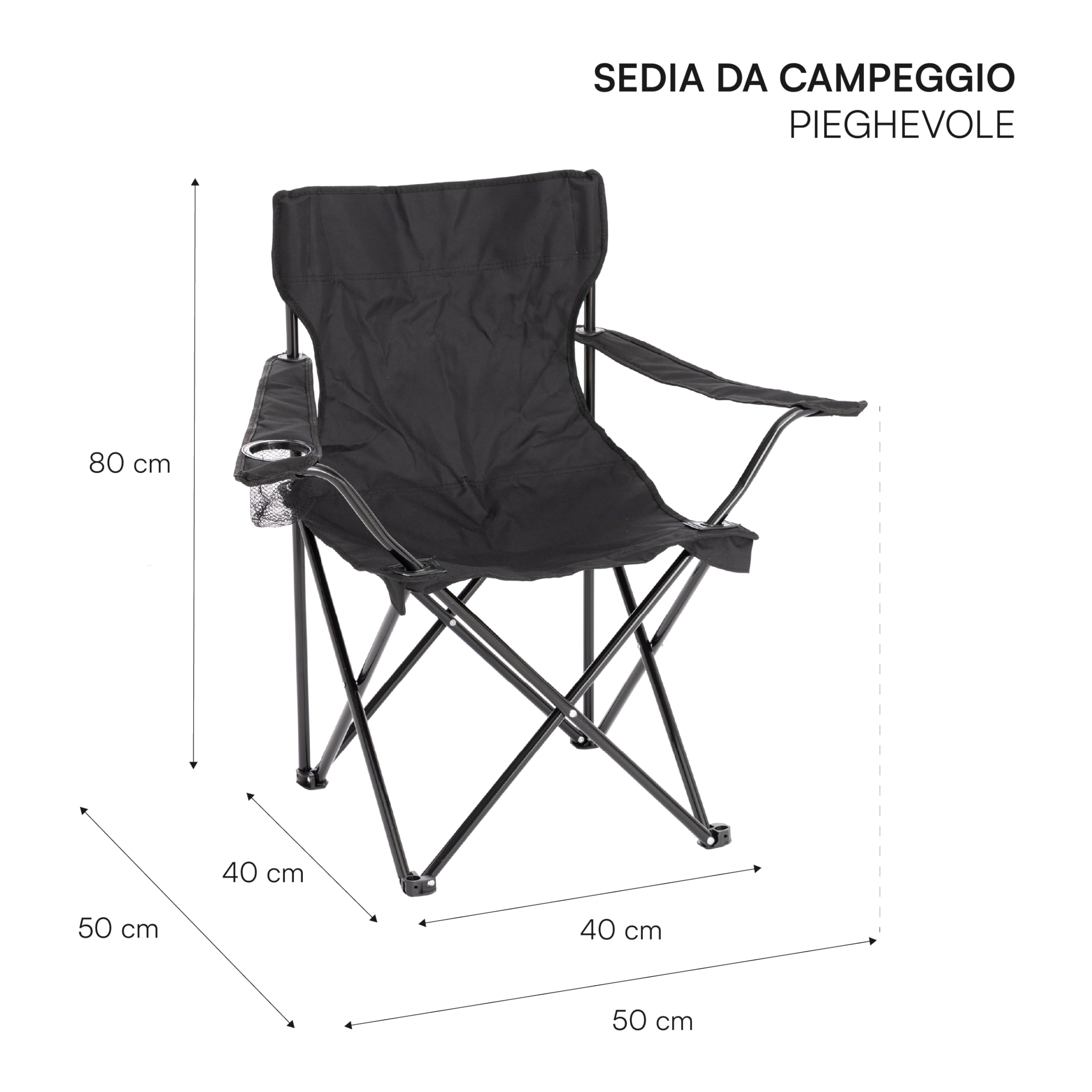 Baroni Home Sedia Campeggio Pieghevole da Esterno Giardino, Poltrona Campeggio Impermeabile, Sedia Camping Portatile, Seduta da Spiaggia e Pesca con Porta bibite 50x50x80 cm, Set 2 Nero