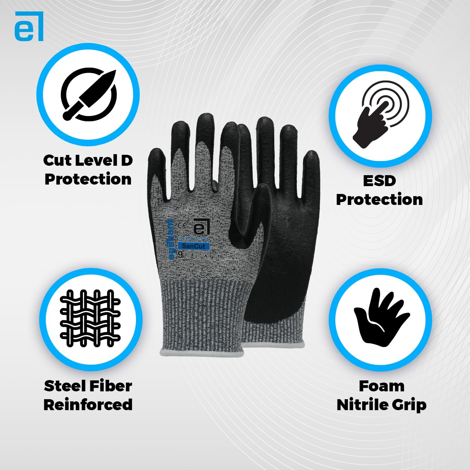 SanCut 331734 Cut Resistant Gloves ANSI A4/ISO D, Foam Nitrile Coated, Steel Fiber HPPE Liner, EN407 100°C Heat