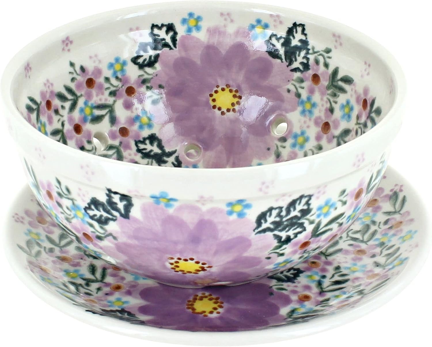 Blue Rose Polish Pottery - Purple Lilac Garden Berry Bowl with Saucer - 6" Diameter - Ceramic Berry Bowl with Drain Holes, Perfect for Rinsing & Serving Fruit