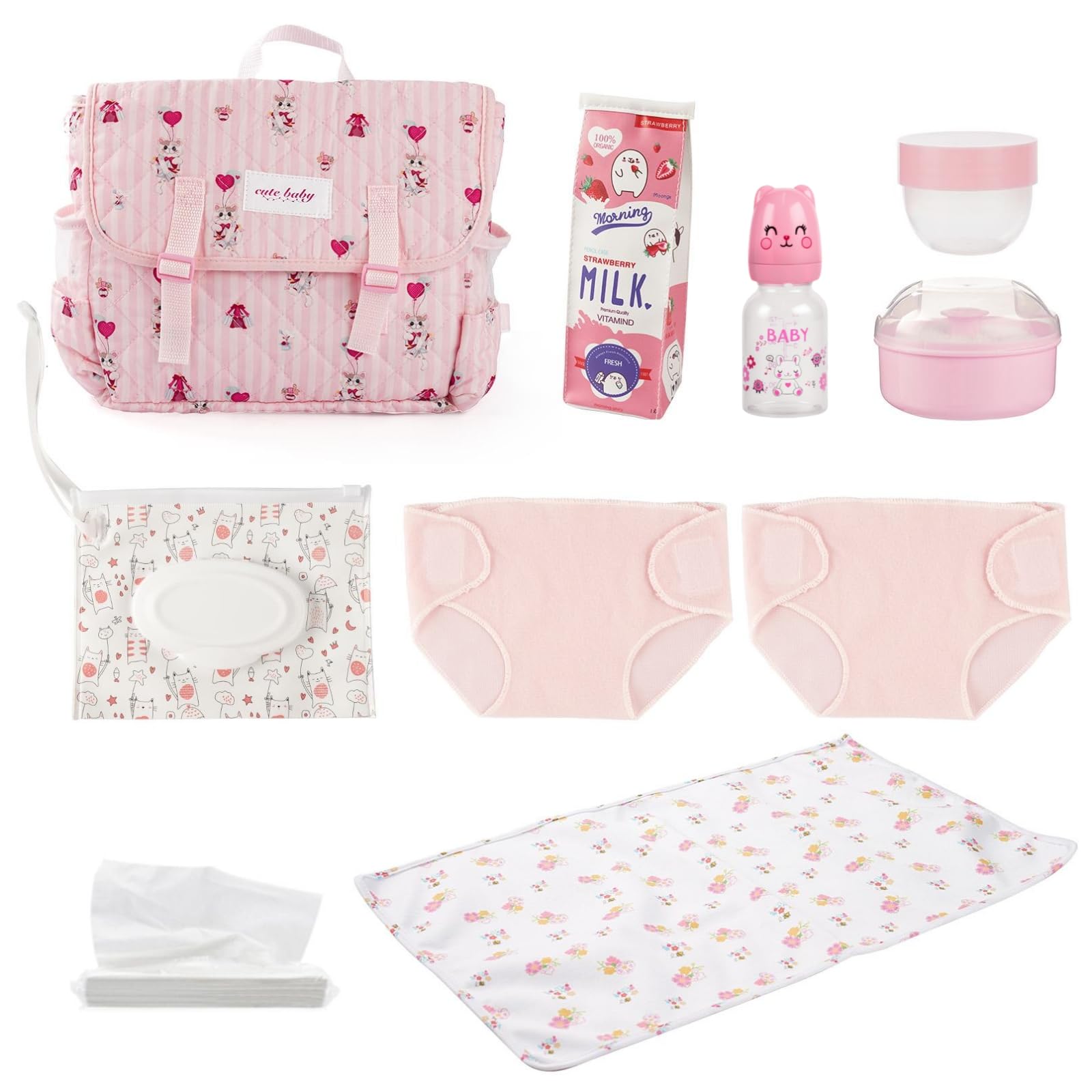 BABESIDE 10 Pcs Reborn Doll Accessories Set for 17-22 Inch Dolls, Feeding and Care Set, Including Diaper Bag, 2 Diapers, Great for Children's Pretend Play (Dolls not Included)