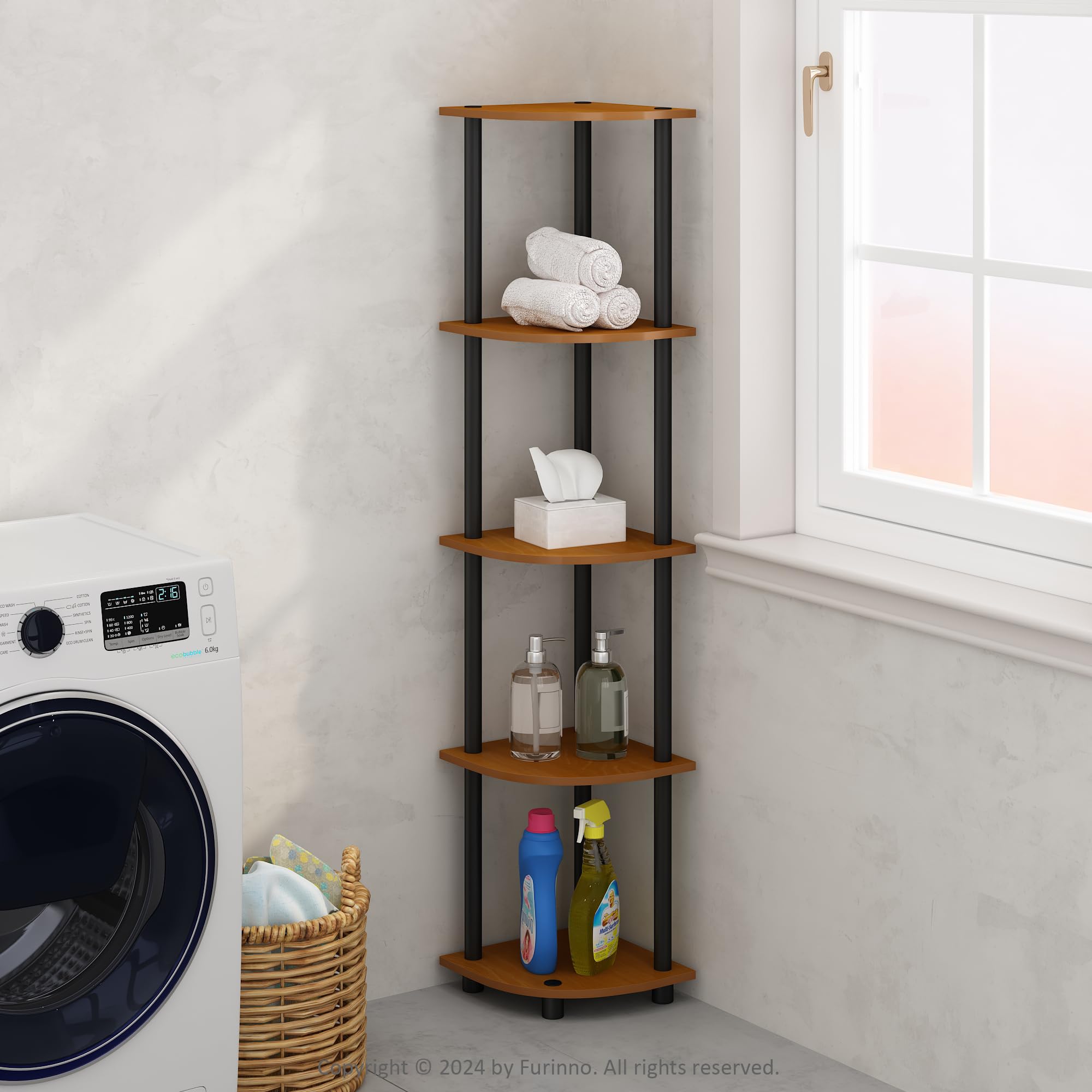Furinno TURN-N-TUBE Corner Shelf, 5-Tier Corner Display Rack, Shelving Unit, for Organization and Storage, Living Room, Home Office, Garage, Bedroom, Light Cherry