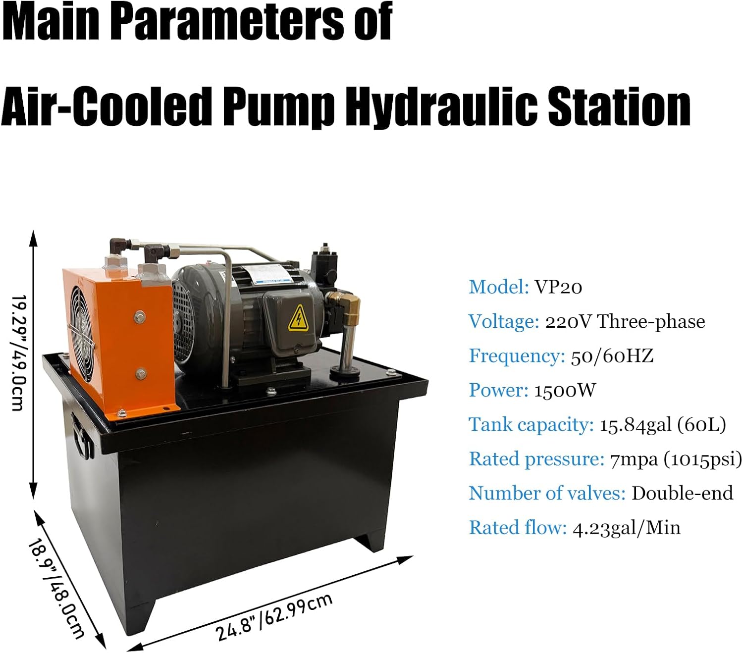 Air-Cooled Pump Hydraulic Station Air-Cooled Lift Pump Unit 1015psi Electric Hydraulic Power Pump Unit Power Station with 60L Tank for Machinery and Equipment, 220V Three-Phase