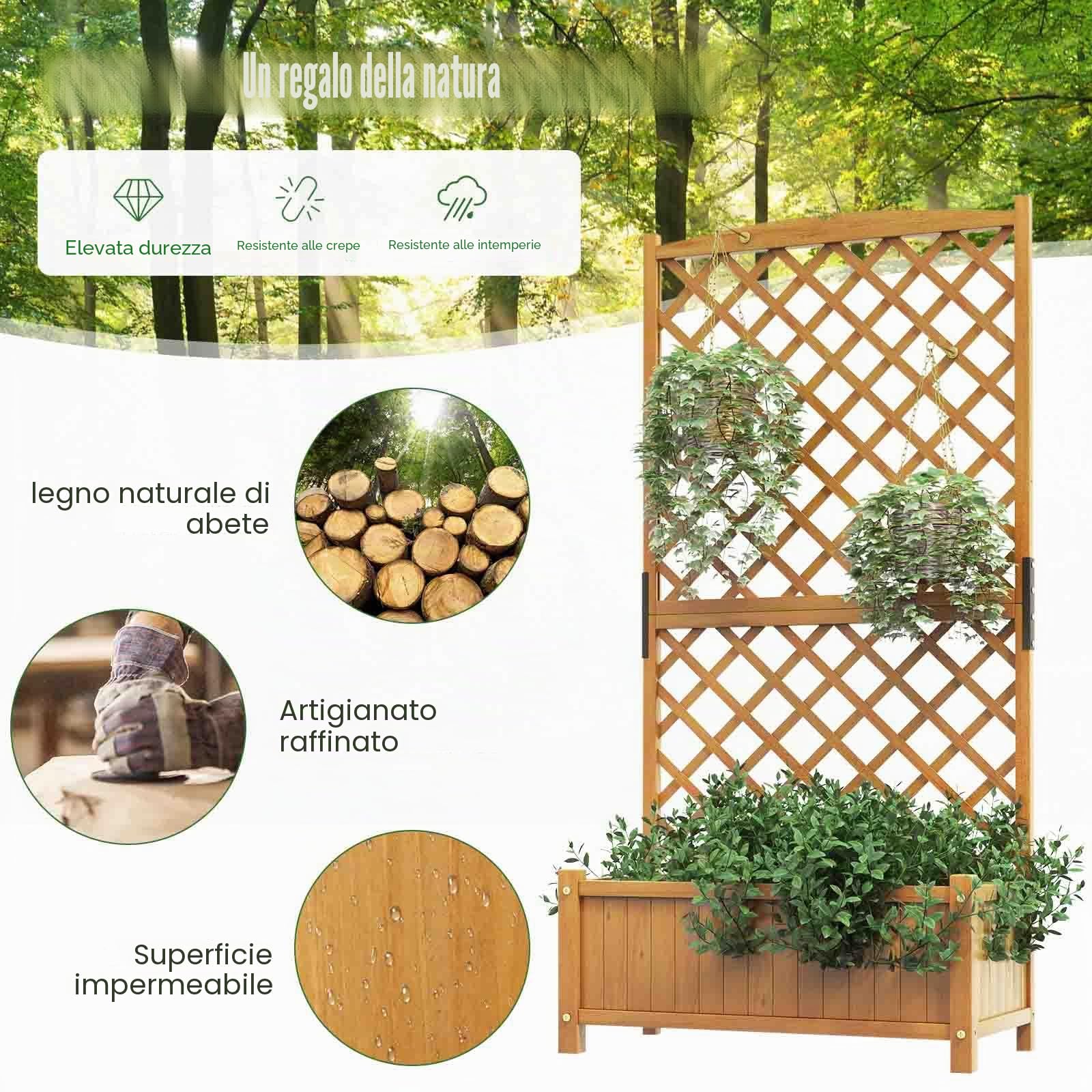 FANTASK traliccio con traliccio e foro di drenaggio, fioriera con fioriera in legno di abete, aiuola rialzata da giardino