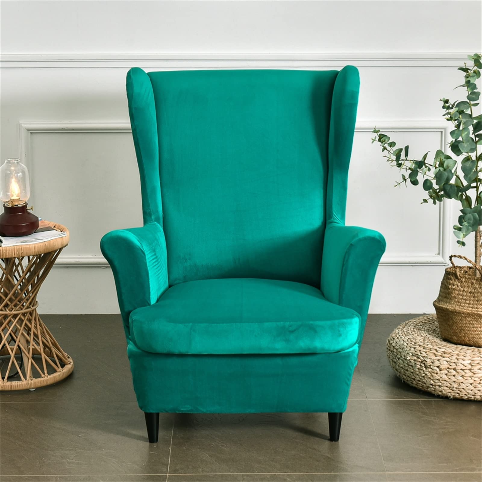 Wing Chair Slipcover 2 Piece Set - 2 IN 1 Design Removable Soft Velvet Wingback Chair Covers Armchair Stretch Covers Furniture Protector for Wingback Chairs Living Room Bedroom Hotel (Emerald Green)