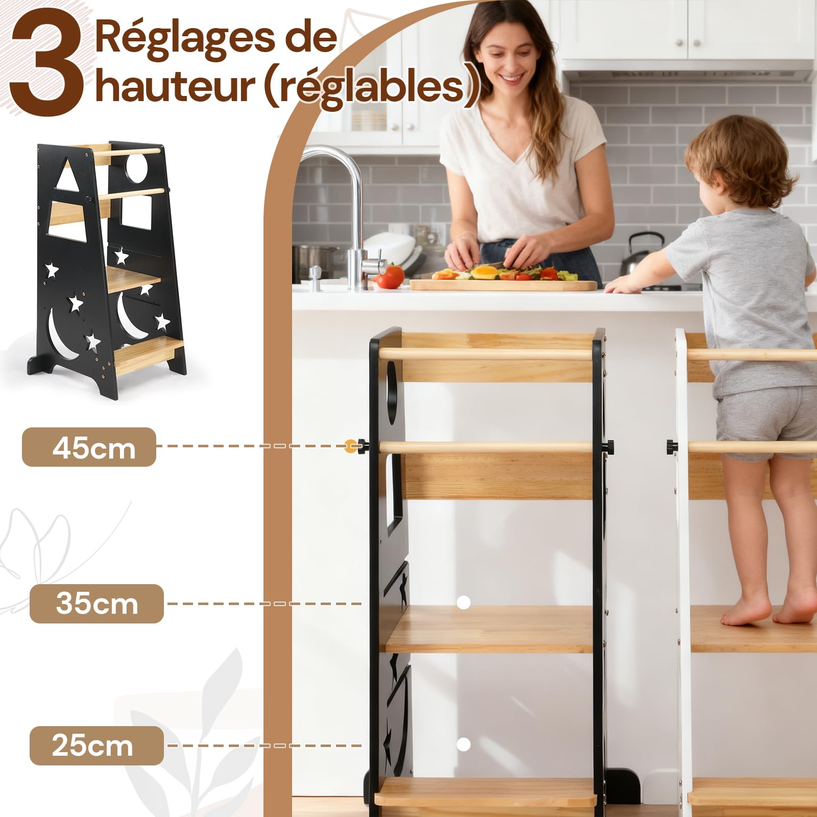 LEADZM Tour d Observation Enfant Montessori，Tour d'apprentissage，3 Hauteurs en Bois, Stabilité Anti-Bascule et Découverte des Formes(Noir+Nature)