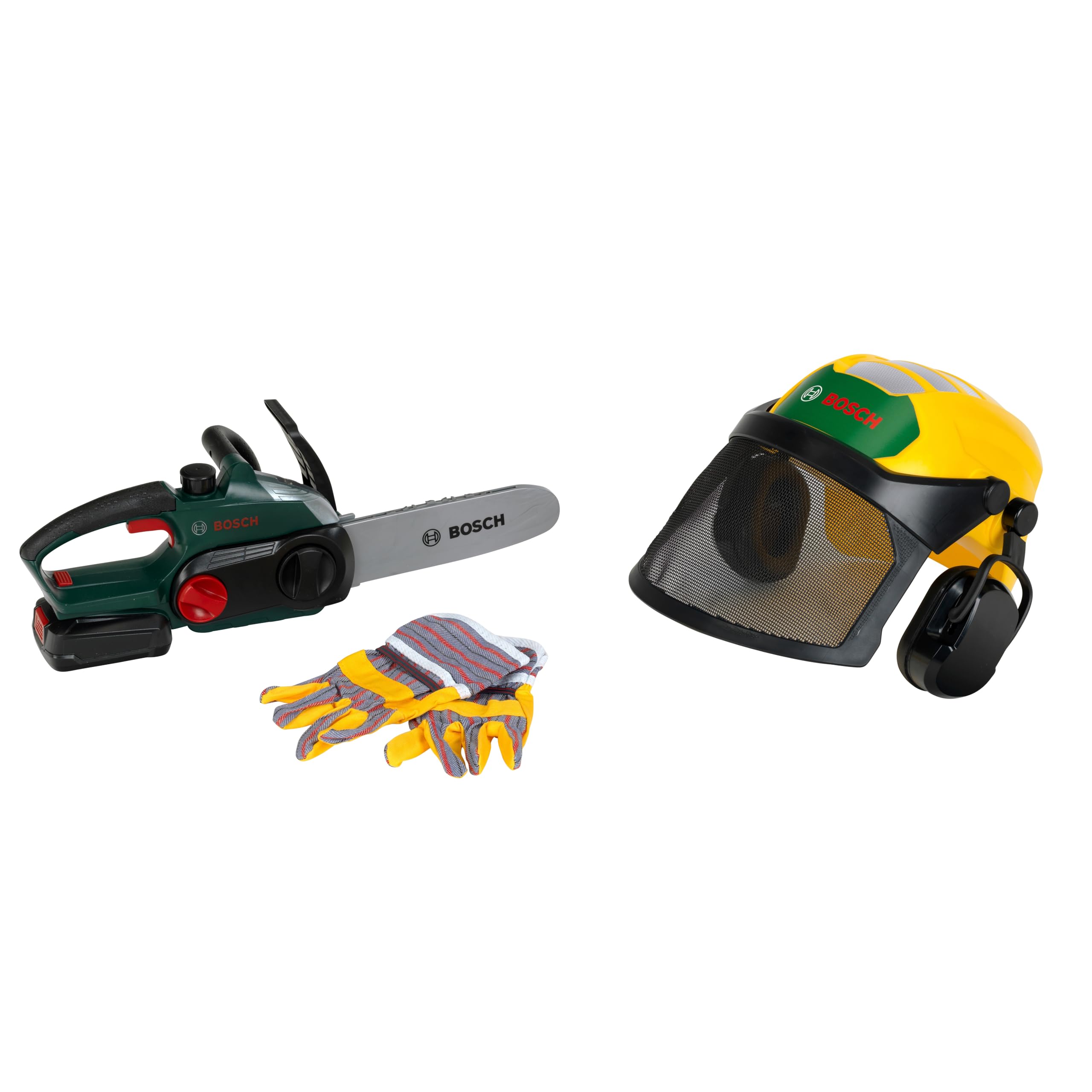 Theo Klein 8197 Bosch Set Boscaiolo | con Motosega, Casco forestale e Guanti | Suono Realistico e Luce Lampeggiante | Prodotto con Licenza Ufficiale | Giocattolo per Bambini dai 3 Anni