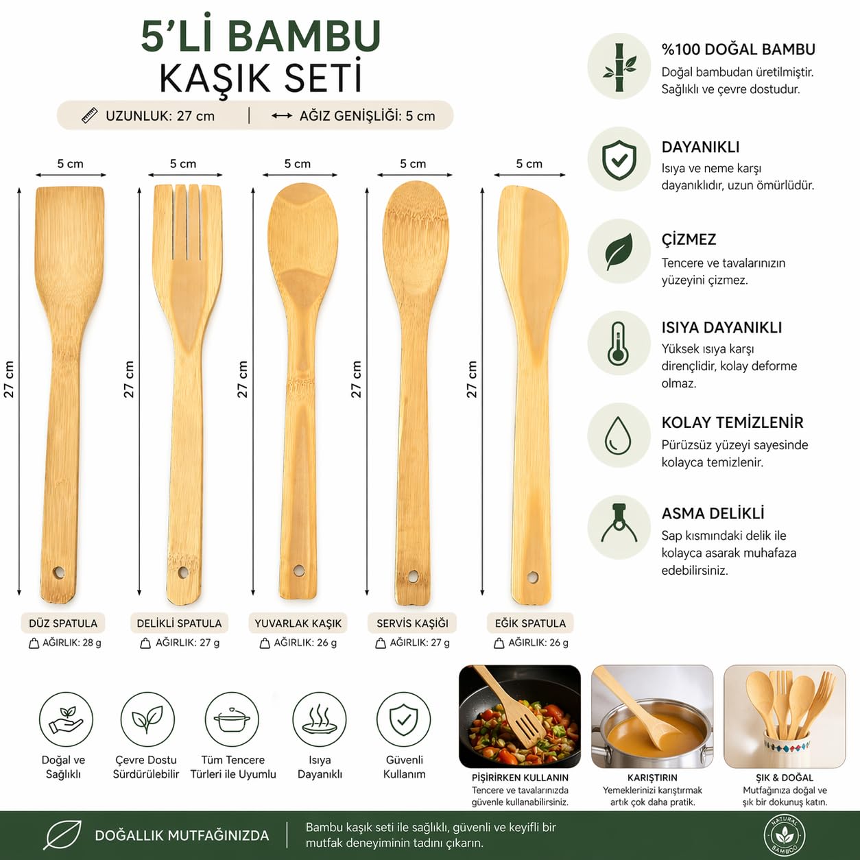 5 Parça Bambu Mutfak Kaşık Seti –%100 Doğal, Çizilmeye Karşı Korumalı, Isıya Dayanıklı, Hafif, Ergonomik, Tencere ve Tavalar ile Uyumlu, Sağlıklı ve Çevre Dostu Premium Set