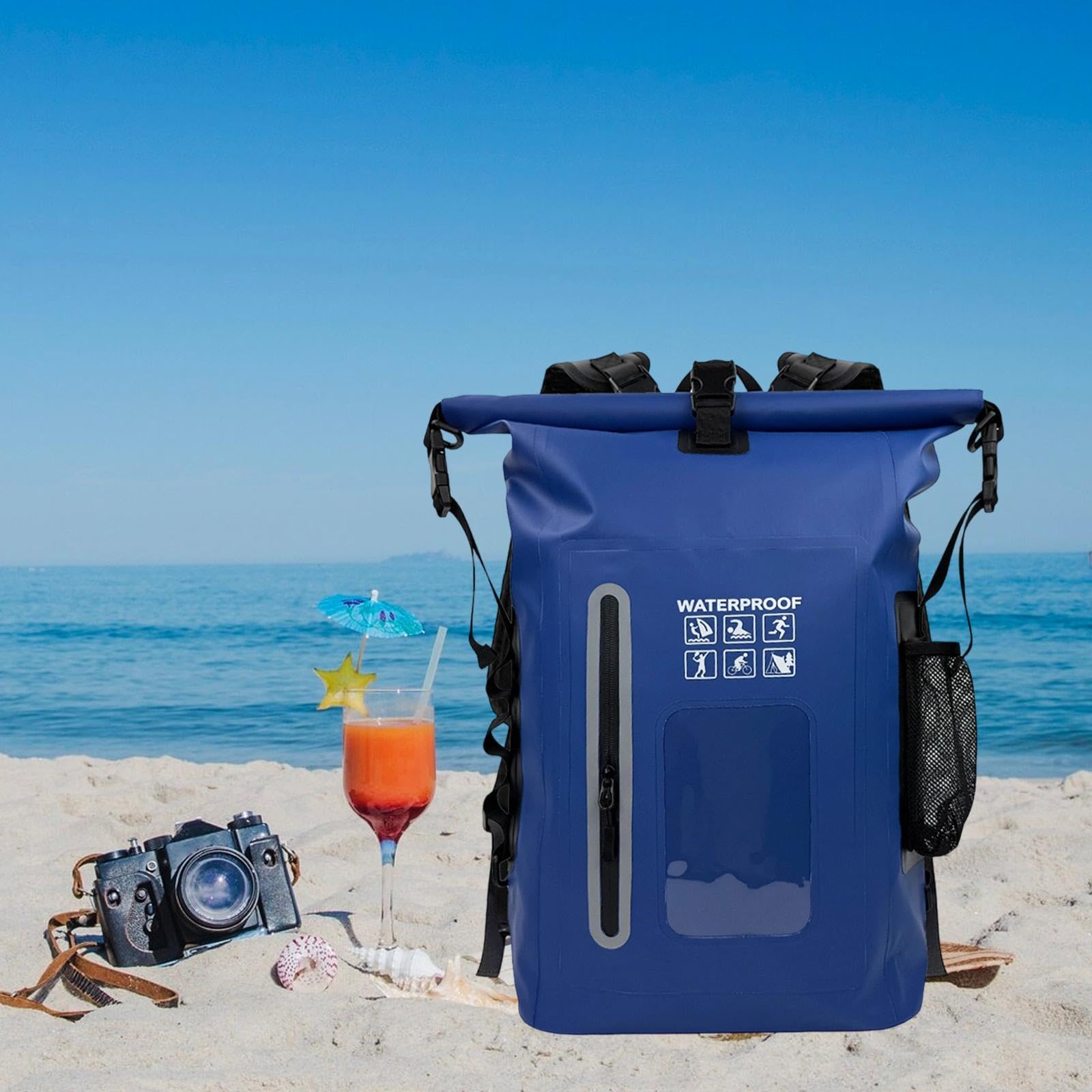 Qianly Wasserdichter Rucksack Outdoor Trockenbeutel Aufbewahrungstasche Schwimmen Segeln Leichtgewichtiger Packsack aus PVC für Camping Bootfahren, Blau