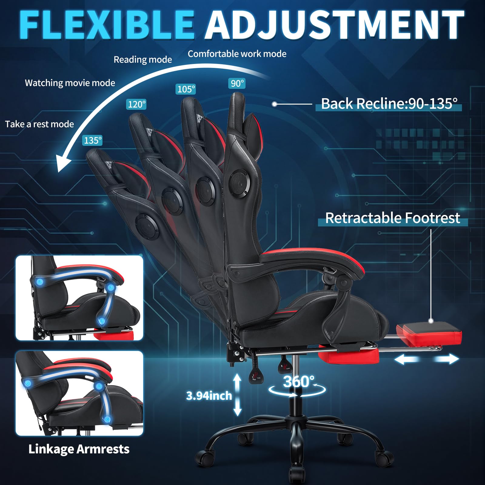 Sedia da gioco con altoparlanti e luce LED, sedia ergonomica per computer con massaggio e poggiapiedi, sedia reclinabile per videogiochi per adulti, supporto regolabile in vita, rosso e nero