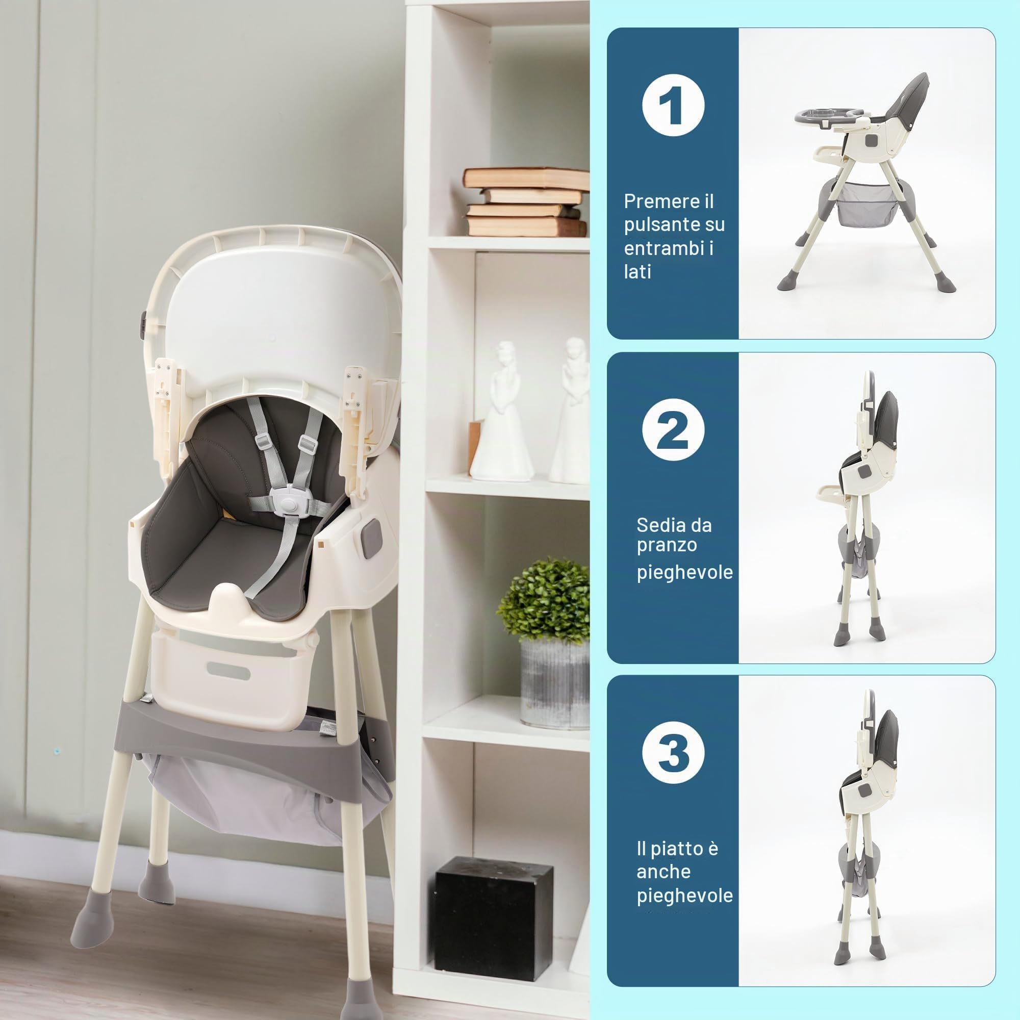 3 in 1 Seggiolone Pappa, Seggiolino da Tavolo con Piatto da Cena Smontabile e ruote, Schienale Bambino Pieghevole 3 Posizioni,Seggiolone Pappa Regolabile e Pieghevole, per da 6+ Mesi, verde