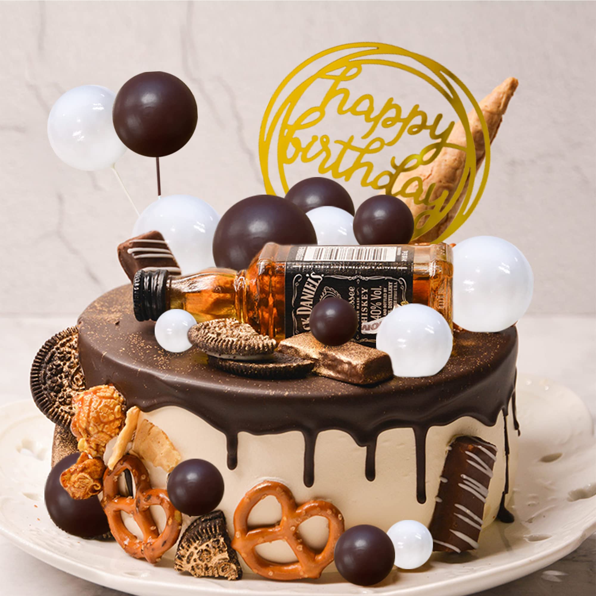 Black & Gold Foam Ball Cake Topper Set - 26 Piece Birthday Cake Decorations With Happy Birthday Pick