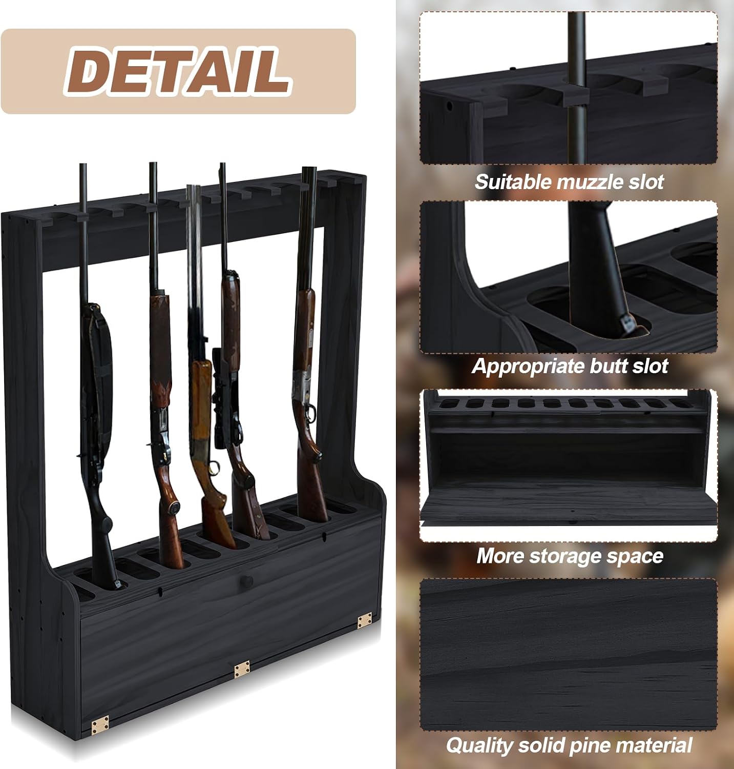Soaoo Gun Racks Holds 10 Long Guns Wooden Rifle Rack Floor Stand Rifle Racks Display Holder Stand with Storage for Firearms Display Storage Home Accessories Office