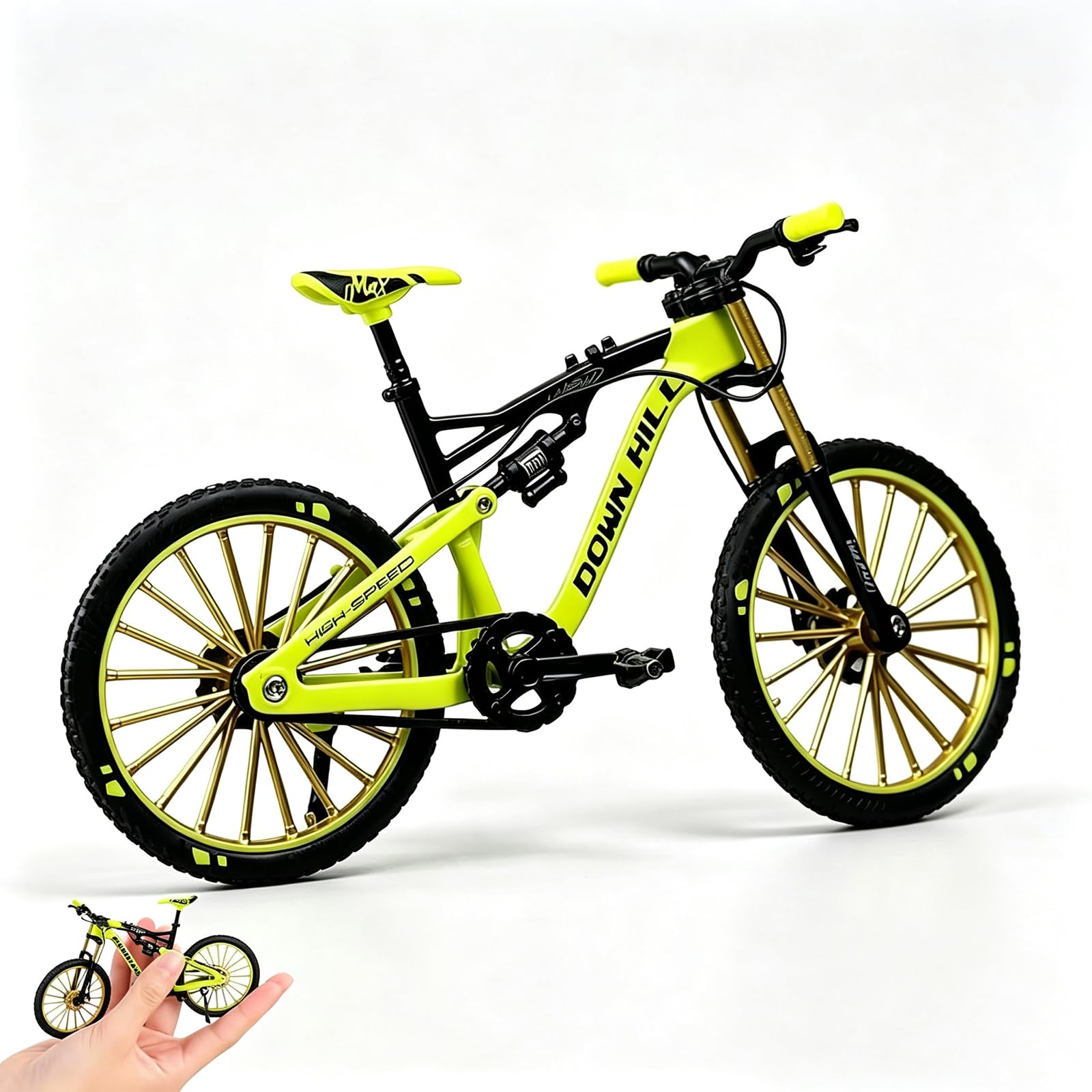 ToqoGeri Green Full Suspension Finger Bike, Mini Realistic Finger Mountain Bike, Durable Finger MTB & Finger Toy Bikes for Desktop Decor and Collection