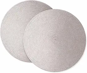 Kit com dois Sousplats Redondos 38 cm na cor Prata – Jogo Americano para Mesa Posta Elegante – Descanso de Prato em Plástico Trançado Lavável, Resistente e Decorativo