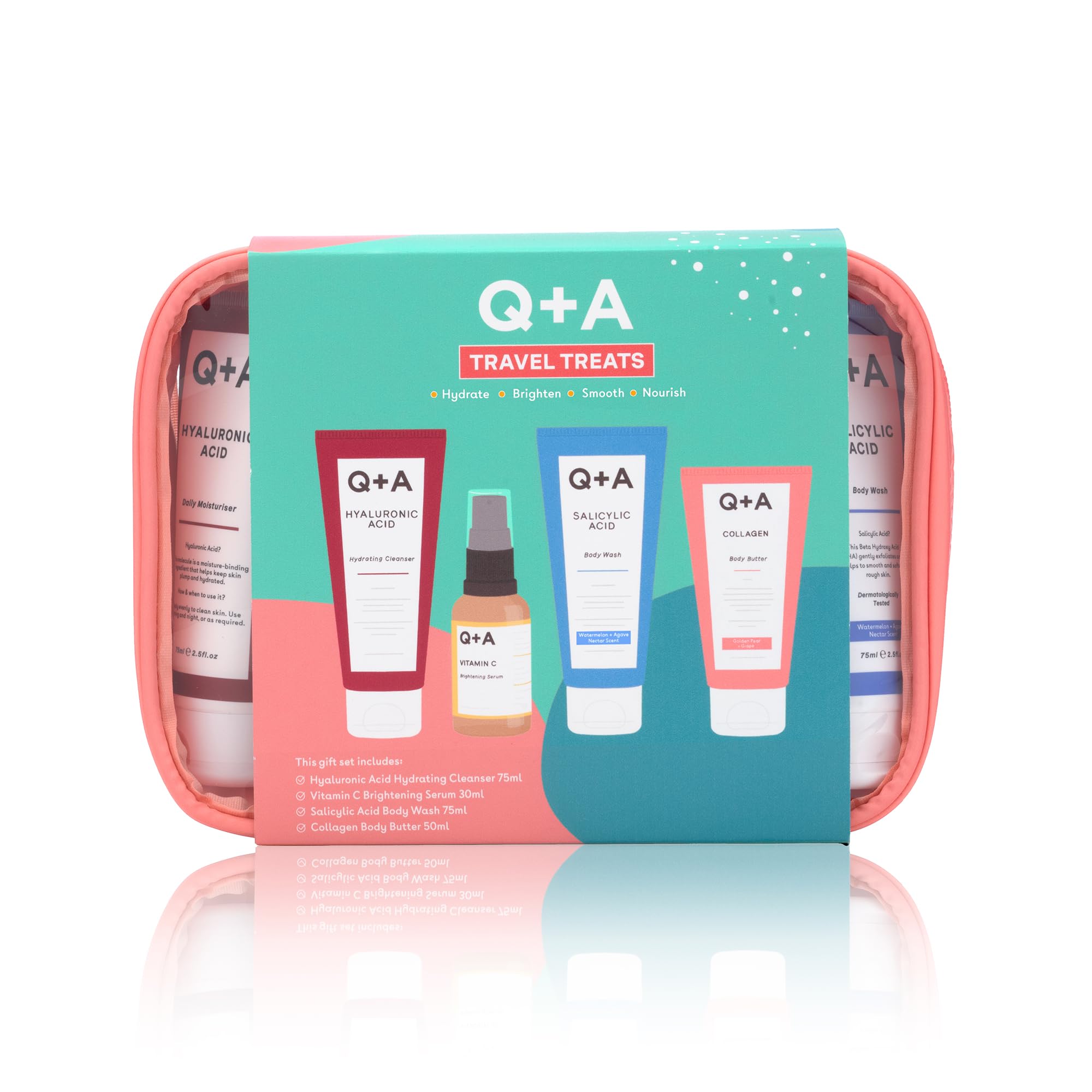Q+A Travel Treats Gift Set, 4-Piece Skincare & Bodycare Minis with Travel Bag, Hydrating Facial Cleanser (75ml)