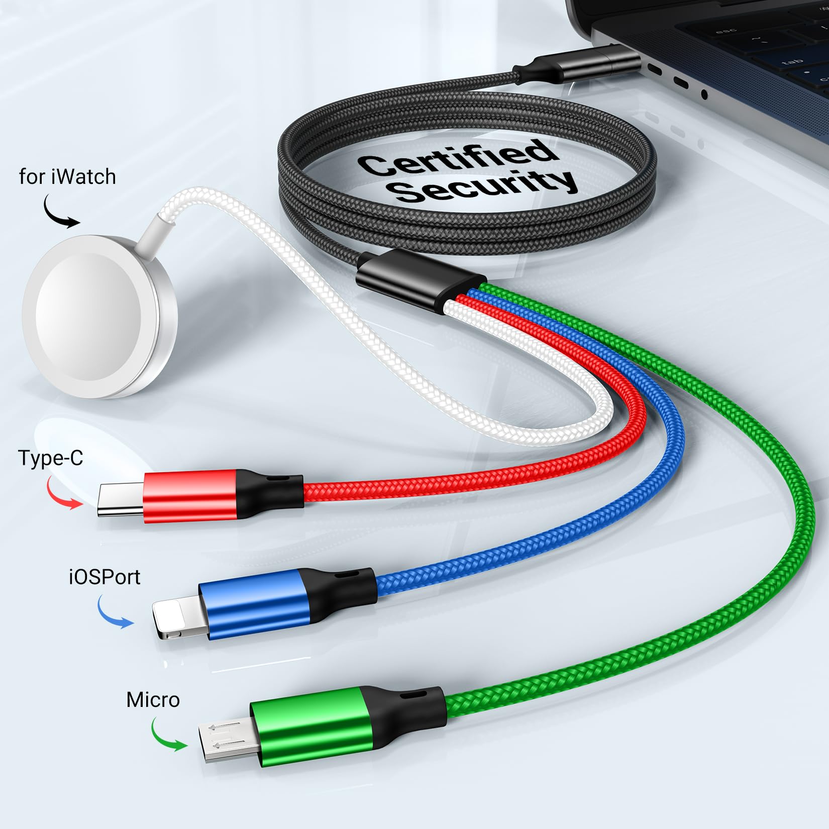 Renmou for Apple Watch Charger,4 in 2 Multi Charging Cable,Type C/Lightning/Micro USB Nylon Braided Portable Travel Essentials Compatible with iWatch Ultra/SE/10-1,for iPhone 16-11,Galaxy Phones(4FT)