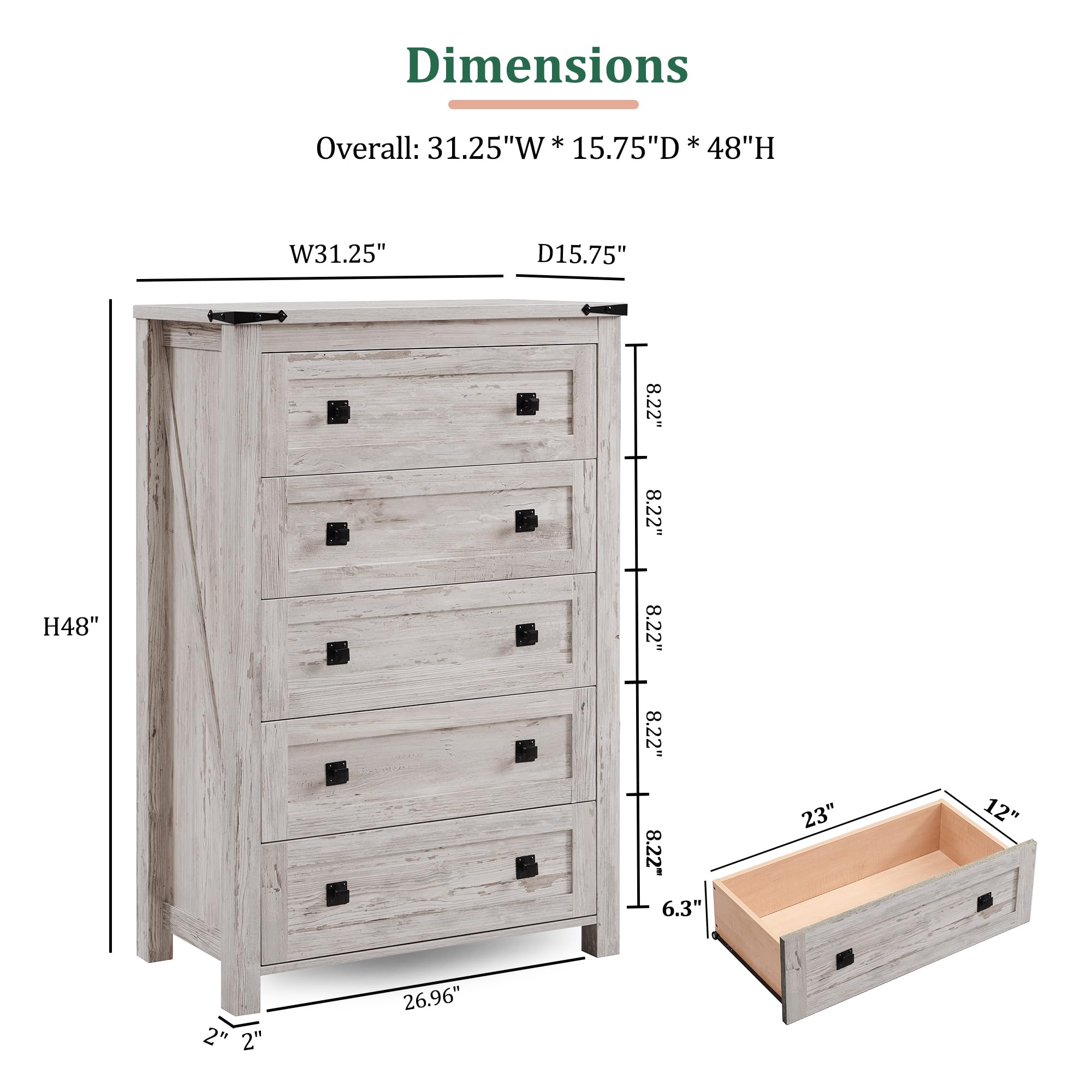 RedLemon Farmhouse 5 Drawer Dresser, 48