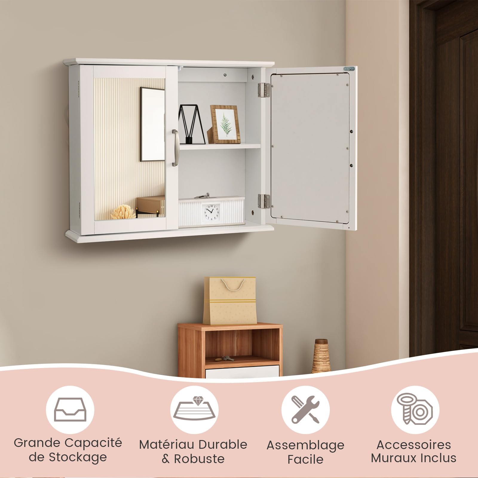 COSTWAY Meuble Murale de Salle de Bain - Porte en Verre Trempé, Étagère Ajustable, pour Salle de Bain, Salon, 35x20x52,5cm Blanc - Maison