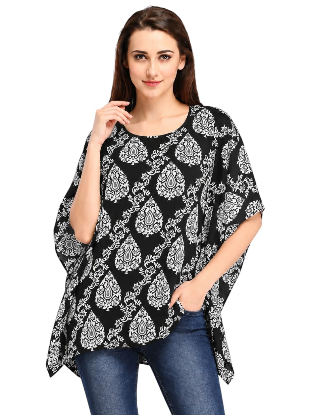 cottinfab Women's Black & White Floral Printed Kaftan Top-picture-11