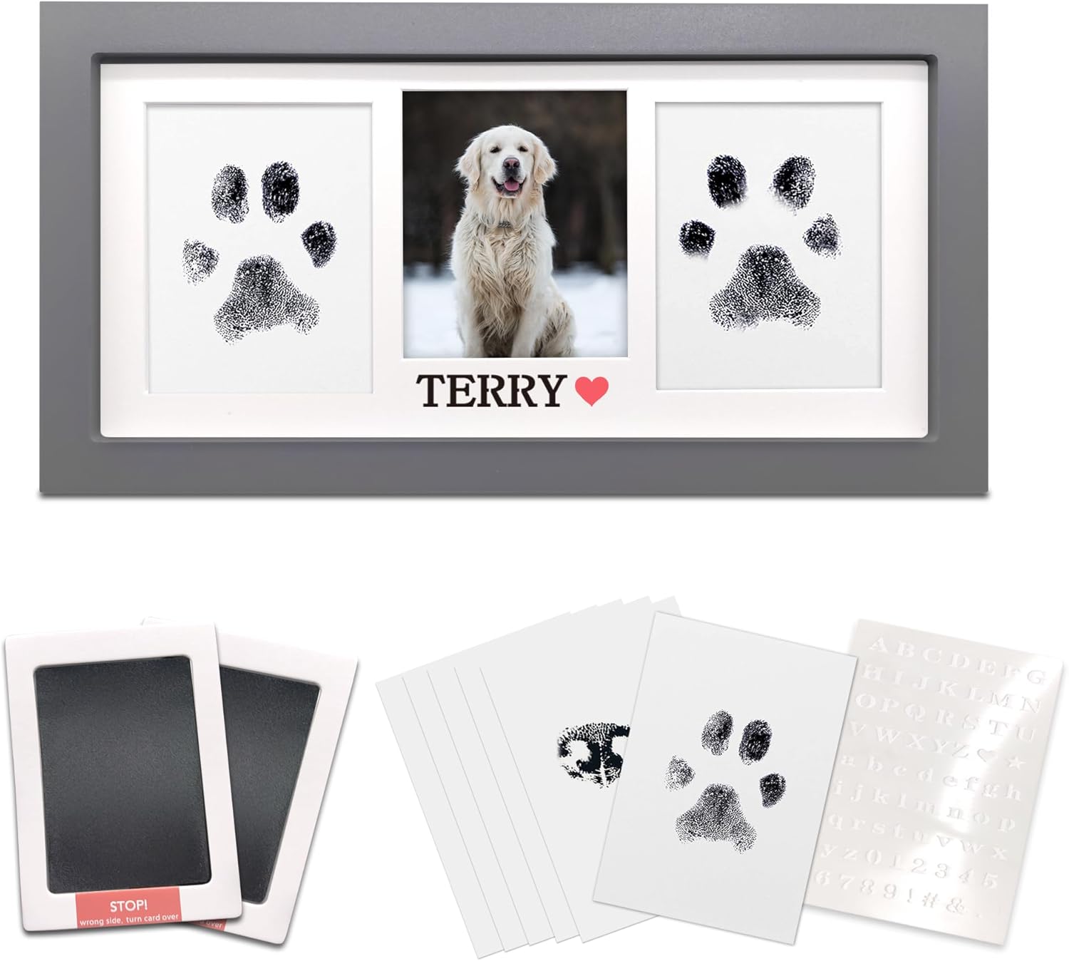 MYPAWLETS Paw Print Frame & Ink Pads Kit,Dog or Cat Paw Print Kit,2 No Mess Ink Pads for Pets,Paw Print Stamp Pad for Dogs,Wooden Pet Memorial Frame,Personalized Pet Paw Print Gifts-Grey
