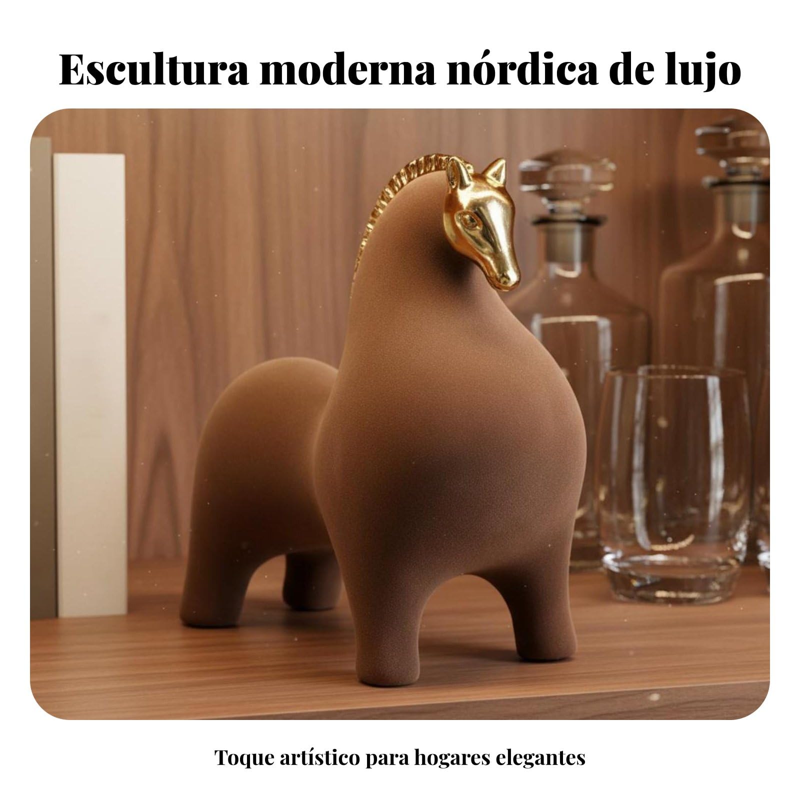Figura de Resina Caballo Escultura Ornamento Decorativo Estatua Moderna con Superficie Flocked Textura Suave Detalles Artesanales Cabeza Dorada, Gris, Size to 2