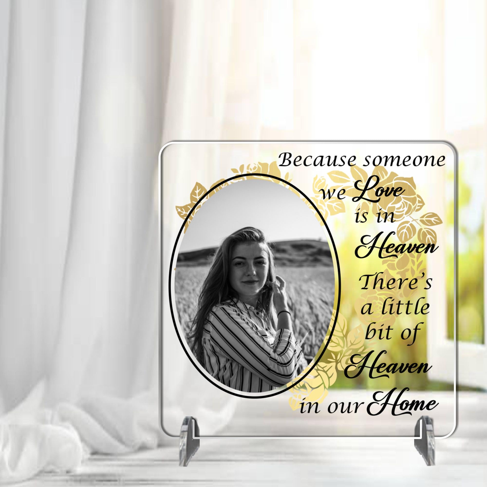 Personalised 'Because Someone We Love Is In Heaven' Freestanding Acrylic or MDF Photo Plaque - Handcrafted Memorial Gift with Custom Picture Bereavement Gift Plaque (SQUARE 9.5CM X 9.5CM, Acrylic)