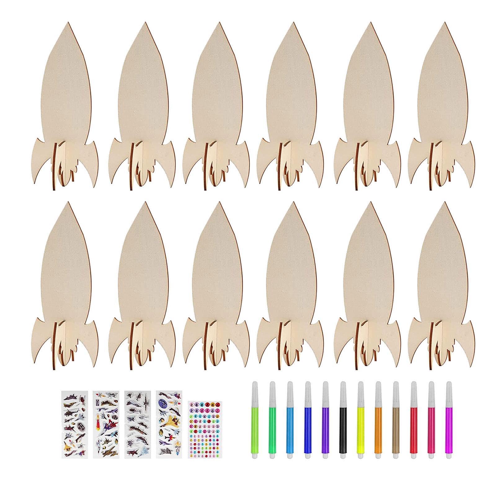 AMSLSIU Unfinished Wood Rockets Unfinished Wood Rockets Blank Discs with Rack for Customized Gift Making and Drawing Unpainted Wooden Shapes Crafting Painting