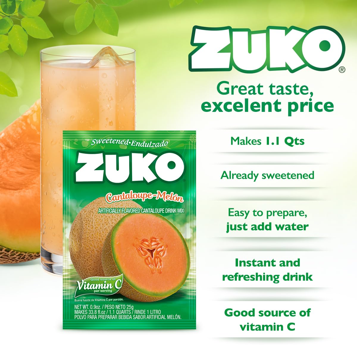 Zuko Cantaloupe Powdered Drink Mix, No Added Sugar Needed, 48 Ct Individual Packets