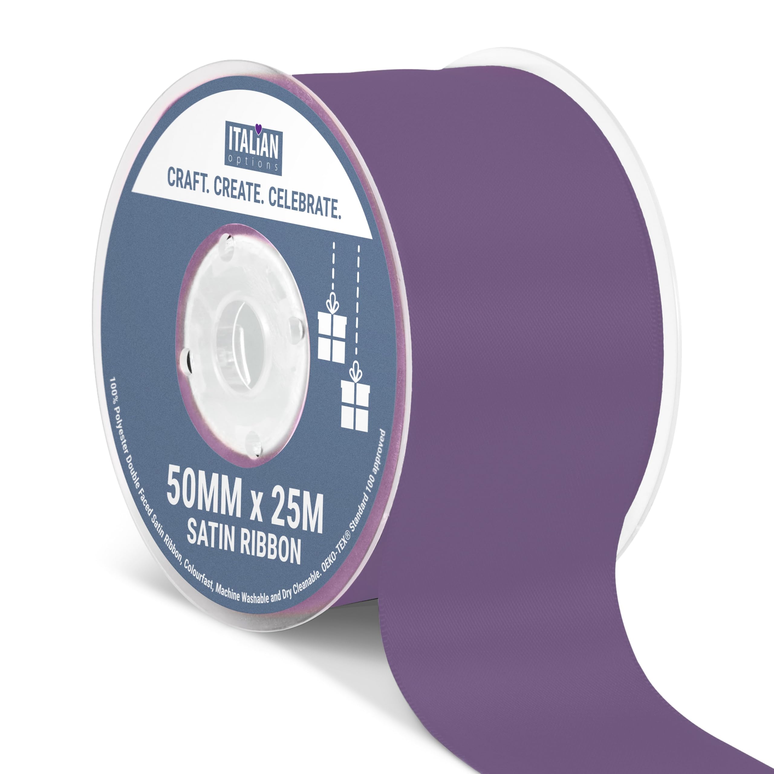 Italian Options Satin Ribbon, Fabric Ribbons for Gift Wrapping, Crafting, Balloons, Wedding Car, Presents, Cake, Christmas, Birthday, Gift Wrap Accessories, 50mm Wide x 25 Metre Roll, Amethyst