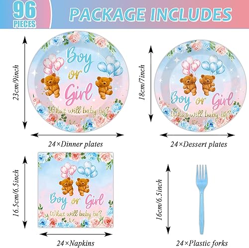 Miniatura 3 de Juego vajilla 96 piezas temática revelación de género con diseño de oso, suministros de decoración de mesa, niño o niña, servilletas, tenedores, 24