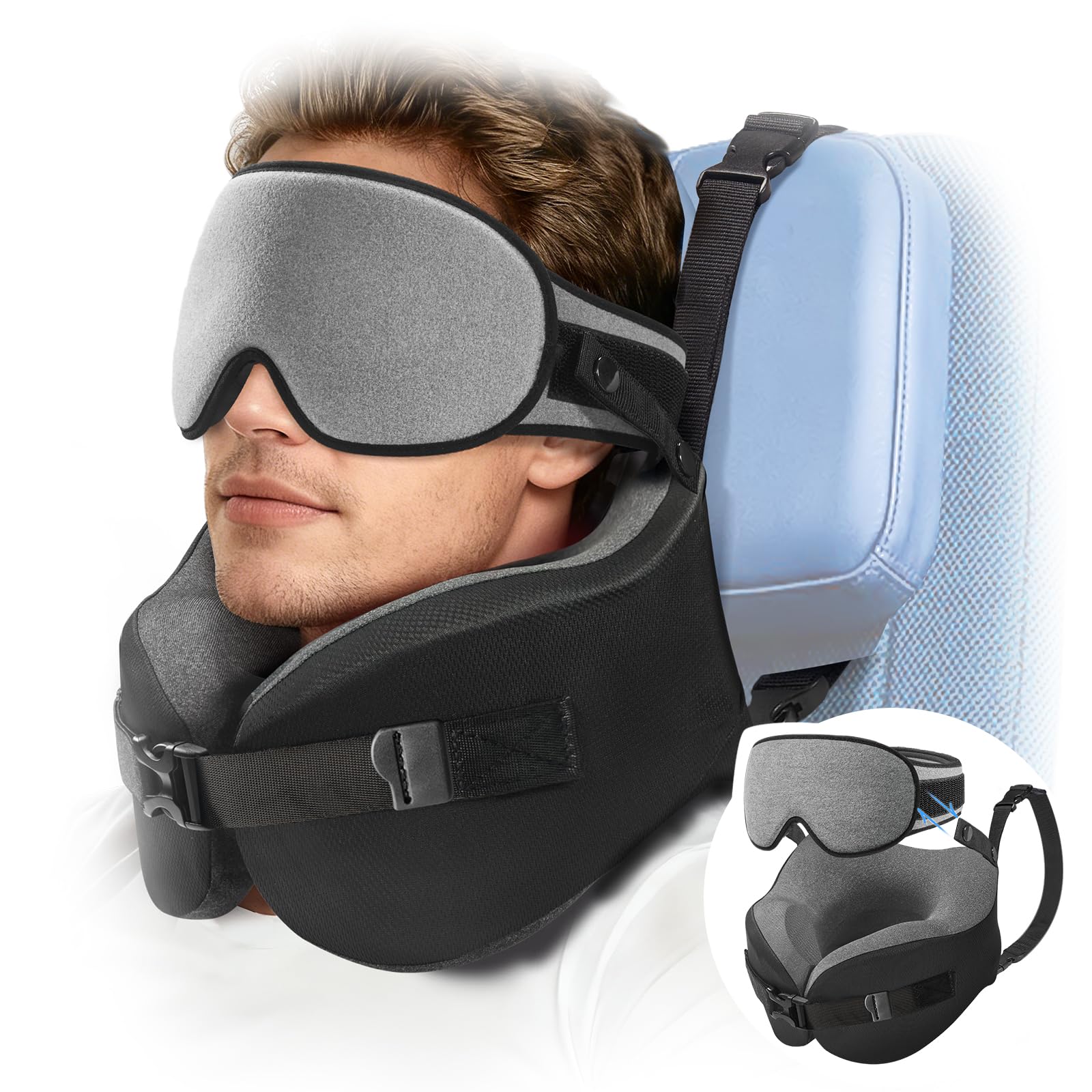 Umisleep Cuscino da Viaggio Memory Foam, Cuscino Cervicale per Aereo con Supporto 360°, con Maschera Occhi 3D, Cuscino da viaggio anticaduta testa per aereo, Ideale per Voli Lunghi, Grigio