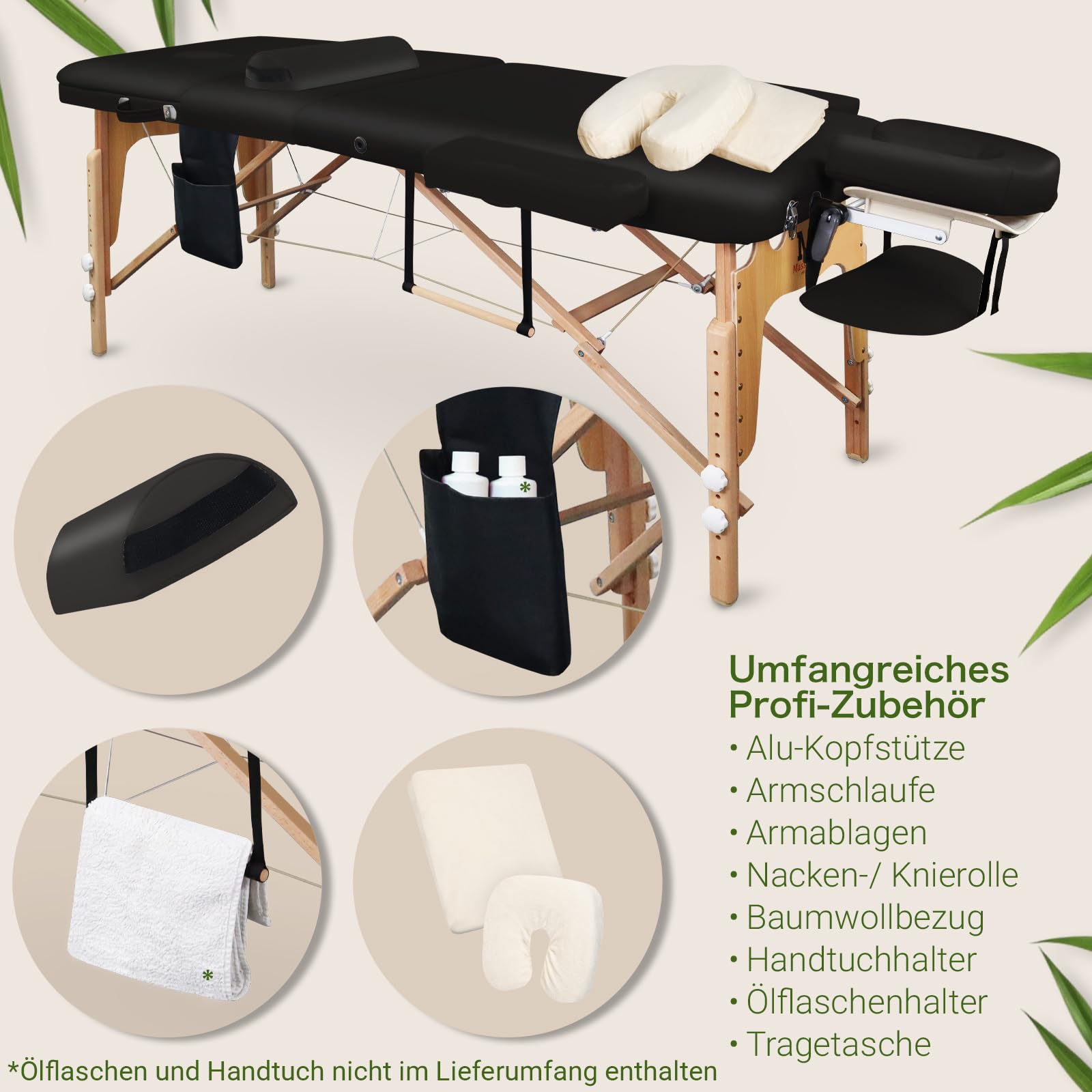MASSUNDA – Mobile 3 Zonen Massageliege klappbar & höhenverstellbar – Stabiler Massagetisch aus Vollholz – All-Inkl. Massagebank mit ergonomischer Kopfstütze, Bezug, Armlehne, Kissen (Schwarz)