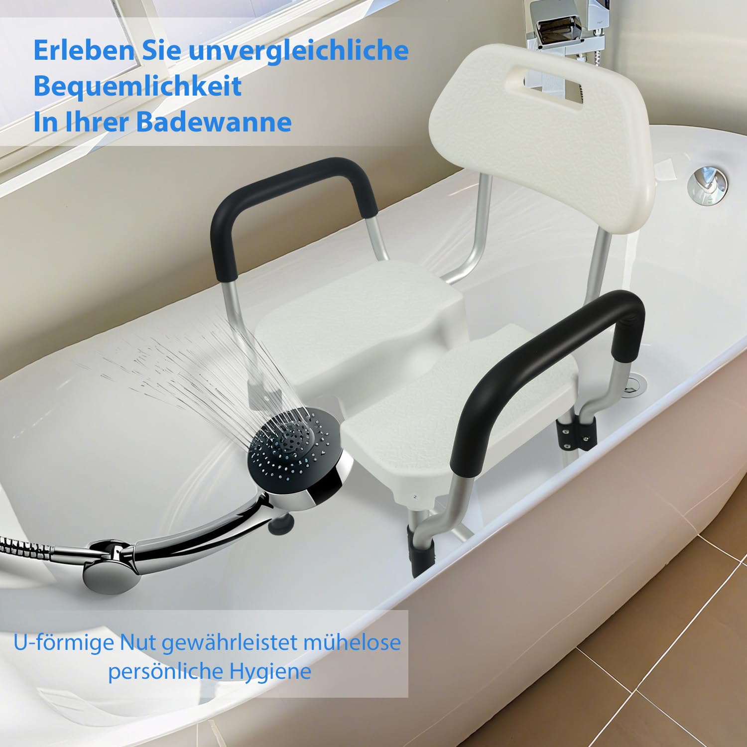 U-förmiger Duschstuhl mit Lehne für die Dusche, Bis 180kg Robuste Dreifach-Stangen-Basisverstärkung mit Arm- und Rückenlehne für Senioren, höhenverstellbar