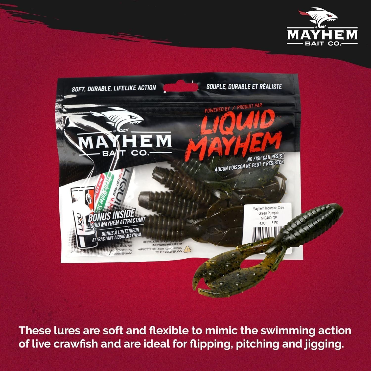Liquid Mayhem 4” Incursion Craw, Soft Plastic Bass Lures – Easy to Rig with Lifelike Action – Includes Bonus 10ml Attractant Gel – 1 Pack (5 Baits) – Green Pumpkin