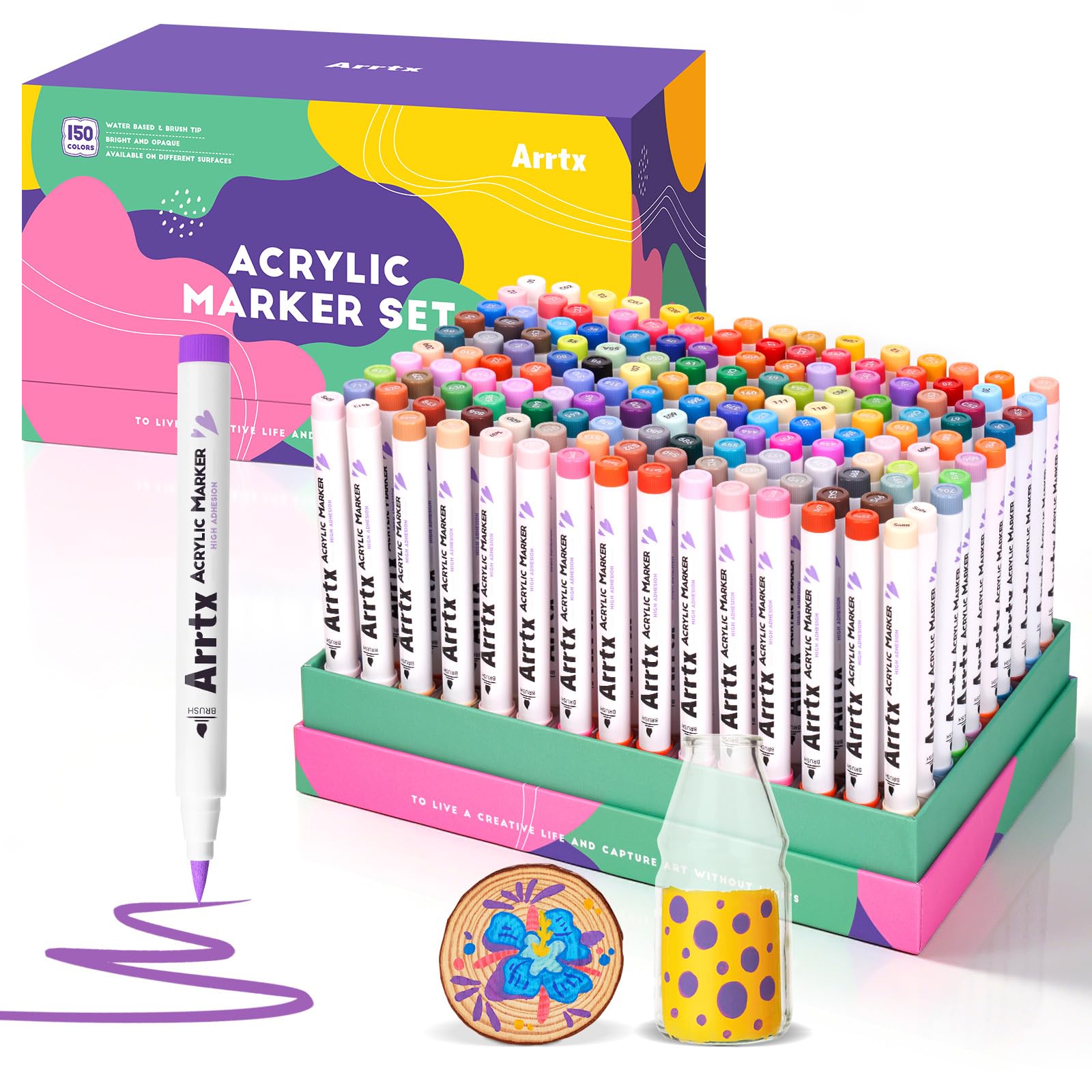 Arrtx 150 Colors Markers Paint Pens, Acrylic Paint Pens for Artists Adults Coloring Drawing Cartoon Anime Comic - Brush Tip for Rock Painting, Wood, Canvas, DIY Crafts Making Art Supplies