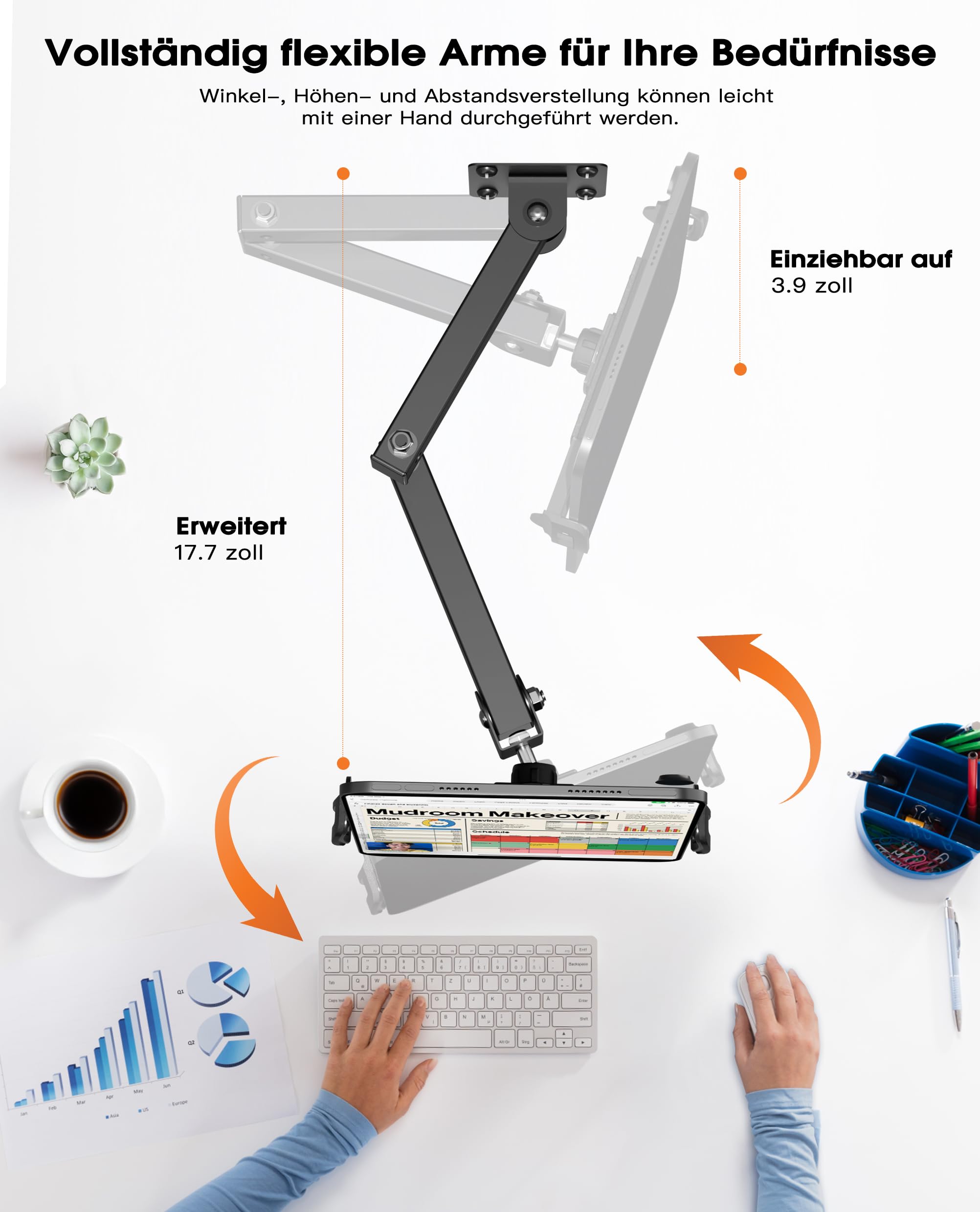 MyGadget Wandhouder voor tablet, schermen van 5,5 tot 13 inch, 360 graden draaibaar, intrekbaar tot min. 10 cm en max. 45 cm, ideaal voor iPad, Samsung Tab enz