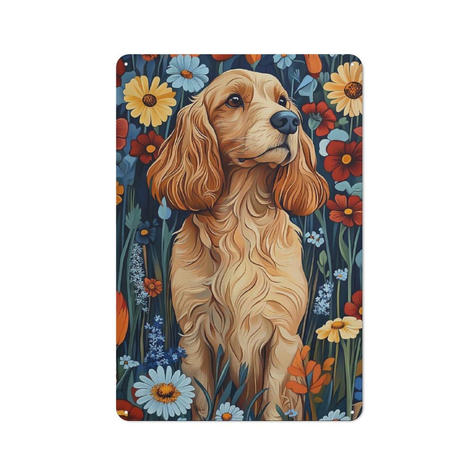 Junmoney Cocker Spaniel In Meadow Flowers Dog Wall Ar Metal Wall Sign With T Print Design 30X20cm, Weathered Look Workshop Wall Decor For Garage, Hobby Room, Office Or Man Cave