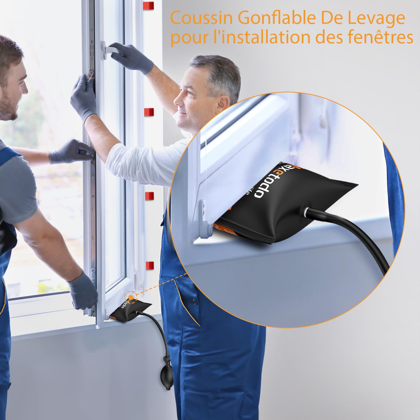 Coussin Gonflable De Levage pour Soulever Meubles Lourds Jusqu'a 440lbs Hauteur 6cm pour Installation De Porte Et Fenêtre À Domicile Et Réparation Automobile (Pompe à Pied et à Main 2pcs)