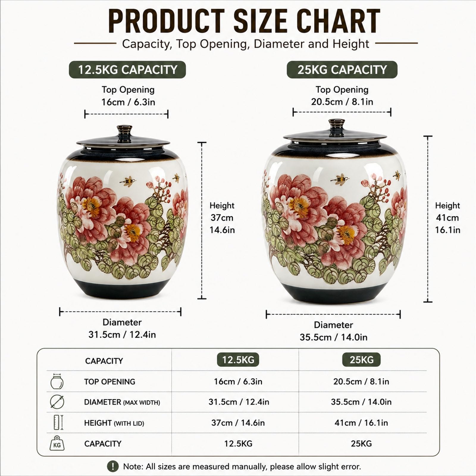 Barattolo per Riso in Ceramica con Coperchio, Grande Contenitore | Porcellana per Grano e Farina, Barattolo da Cucina per Piano di Lavoro, Decorazione Floreale Stile Asiatico