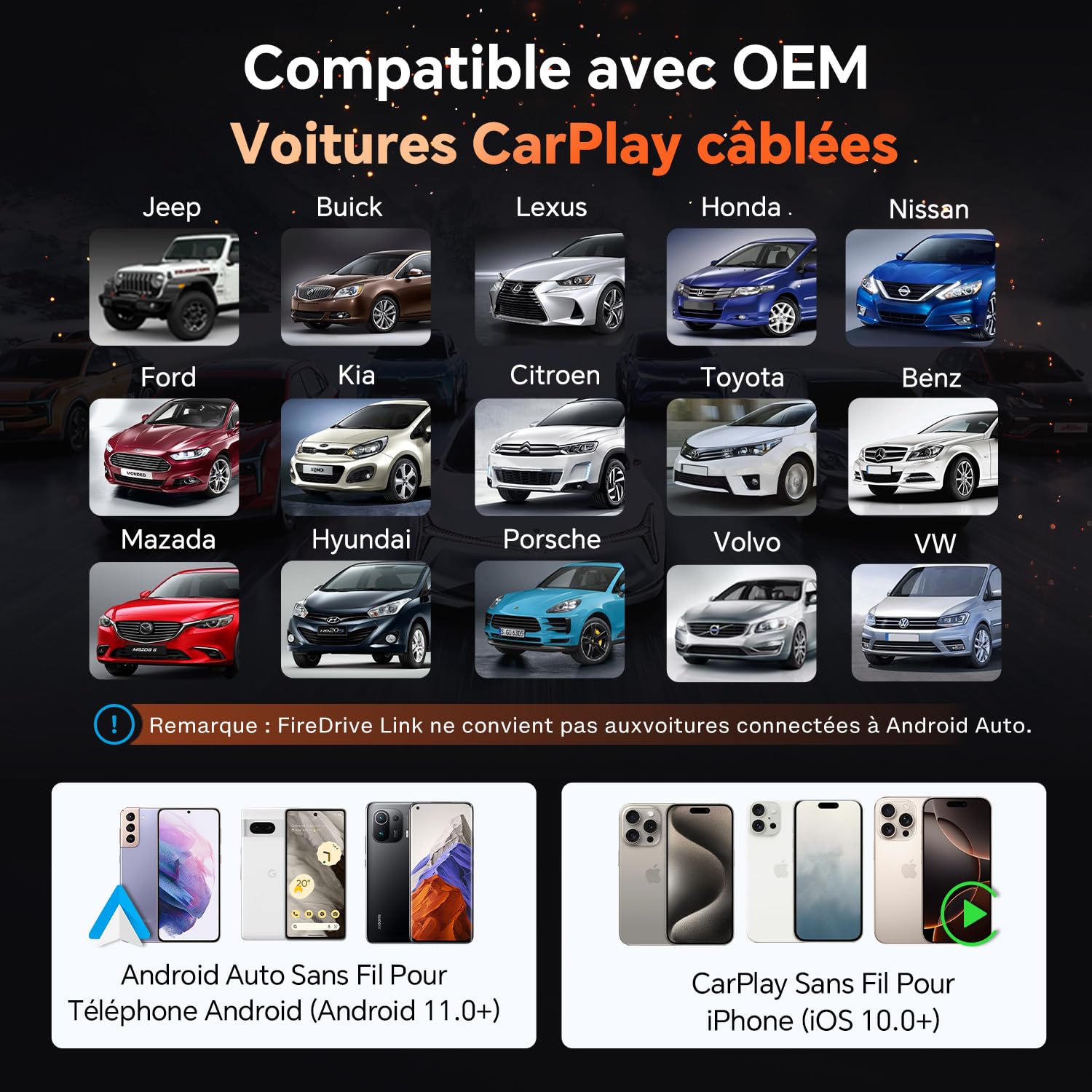 Carlinkit FireDrive Link Pro Adaptateur TV Stick vers CarPlay, convertit CarPlay filaire en HDMI, prend en charge CarPlay sans fil et Android Auto, conserve les commandes OEM et le micro, Plug & Play