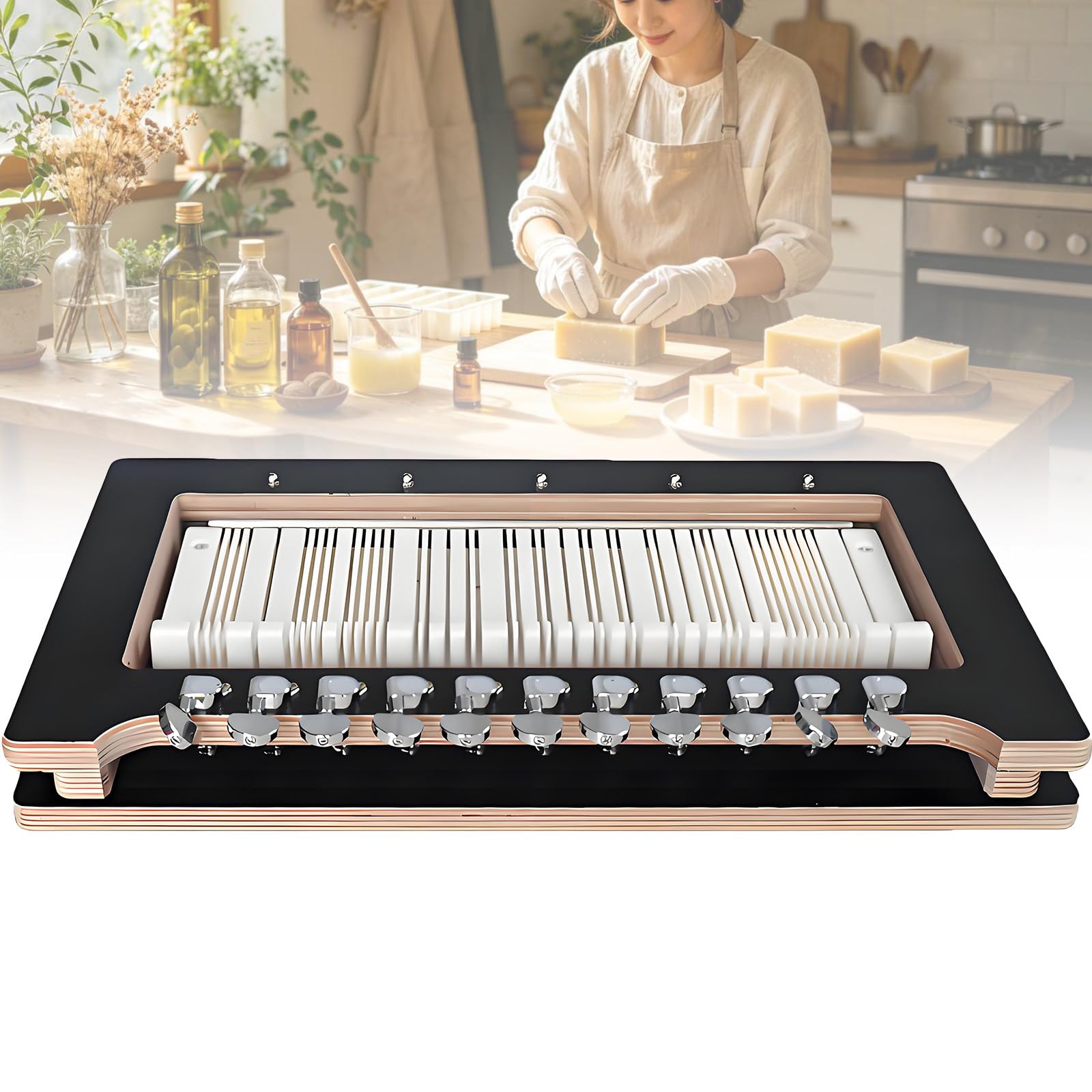 MiyKom Cortador de Jabone Artesanale Cuts 15mm to 70mm Widths, Premium Birch Plywood Soap Loaf Wire Cutting Tool for Perfect Square Bars, Guest Soaps and Hotel Samples Production