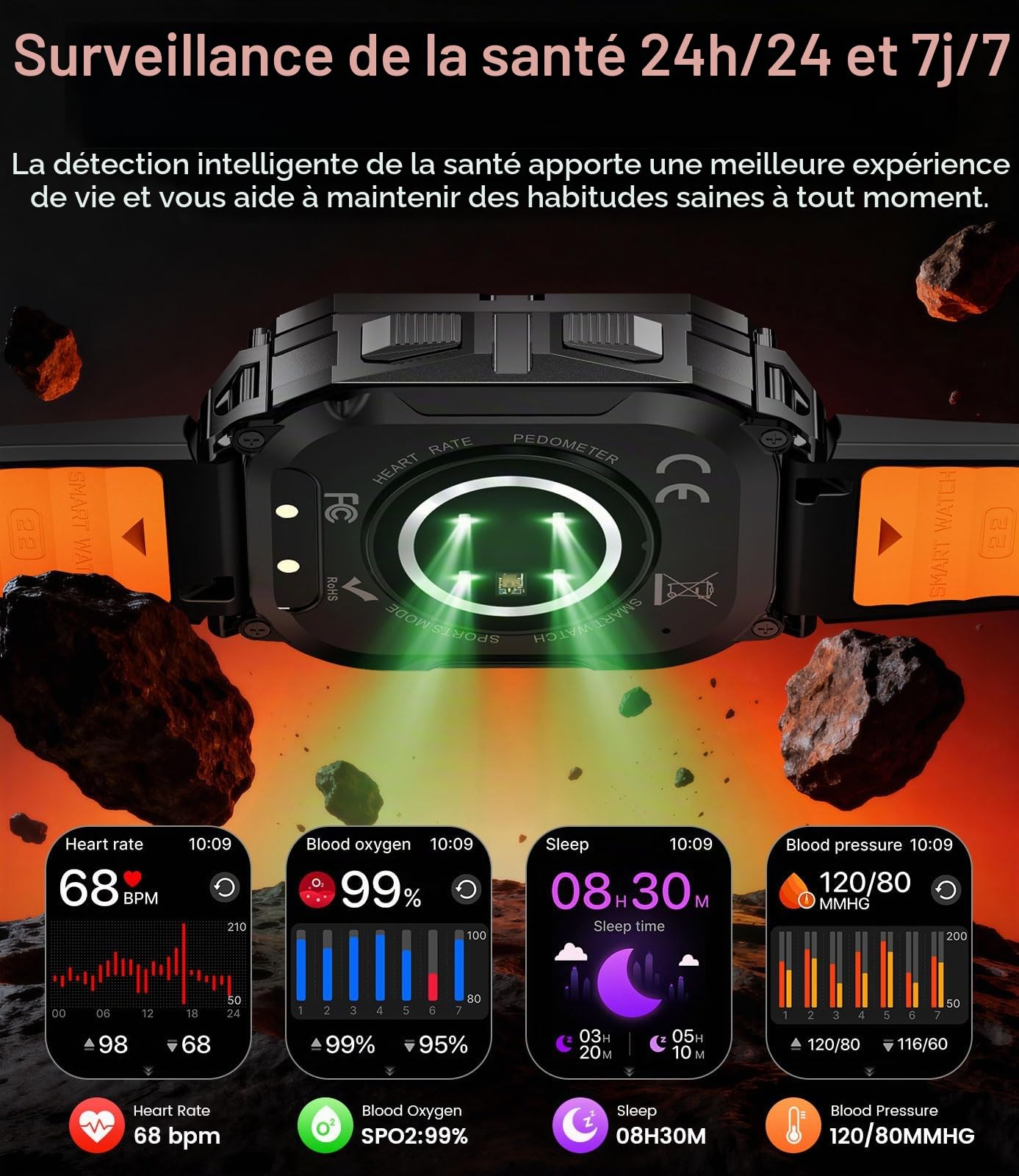 Montre Connectée Homme Militaire, 2.01" HD Grand Écran Smartwatch avec Appel/Torche LED/Batterie 900mAh/Fitness Tracker/100+ Modes Sportifs, 2 Câbles, IP68 Étanche pour Android iOS, Noir-orange
