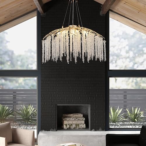 Miniatura 6 de Candelabro de cristal dorado moderno, lámpara de araña de cristal con ramas de árbol de lluvia, 9 luces, lámpara de techo colgante de lujo para